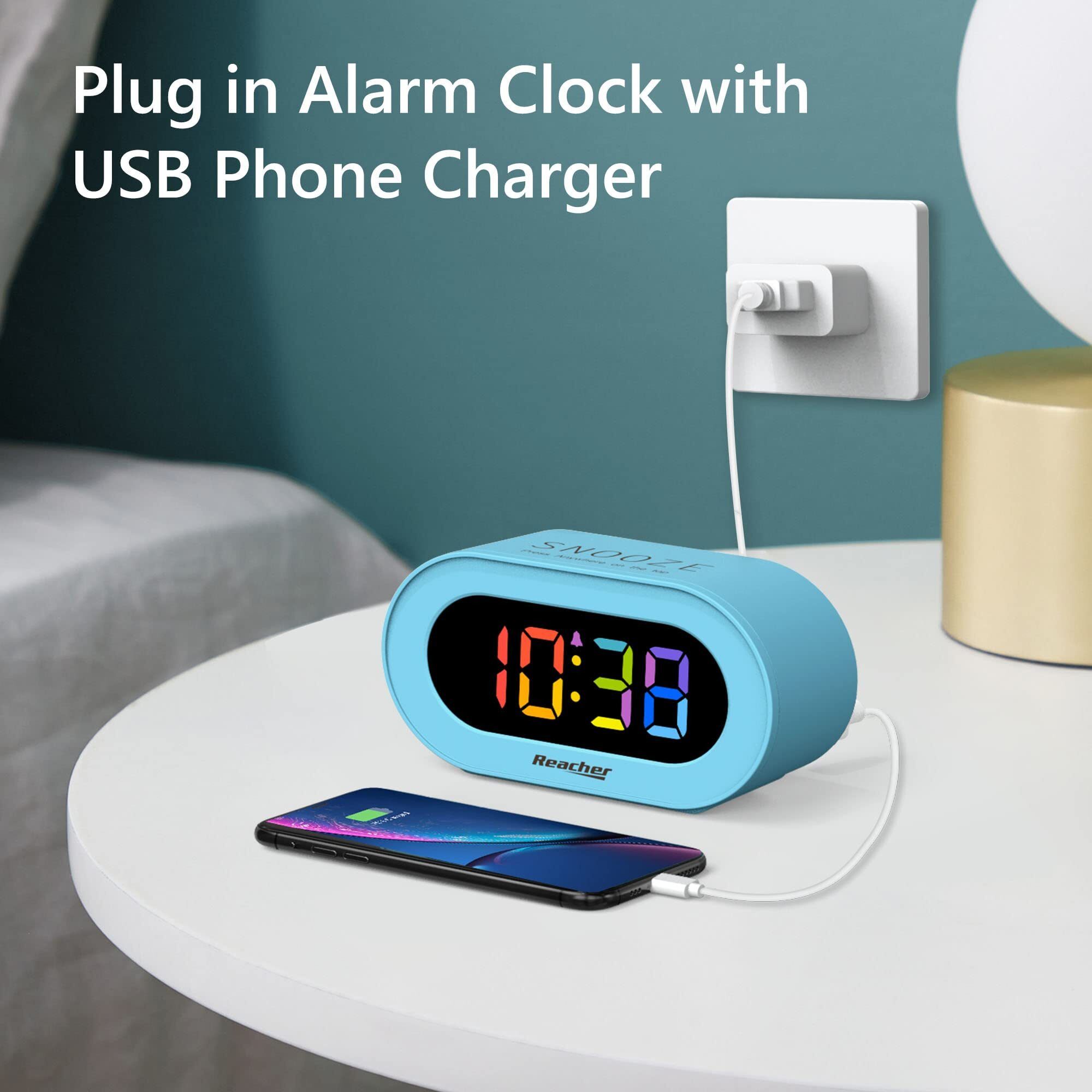 Reacher Kids Alarm Clock With Usb Charger, 0-100% Dimmer, Colorful Rainbow Led Digital Display, Simple Operation, Easy Snooze, Small Size For Bedroom, Bedside, Boy, Girl