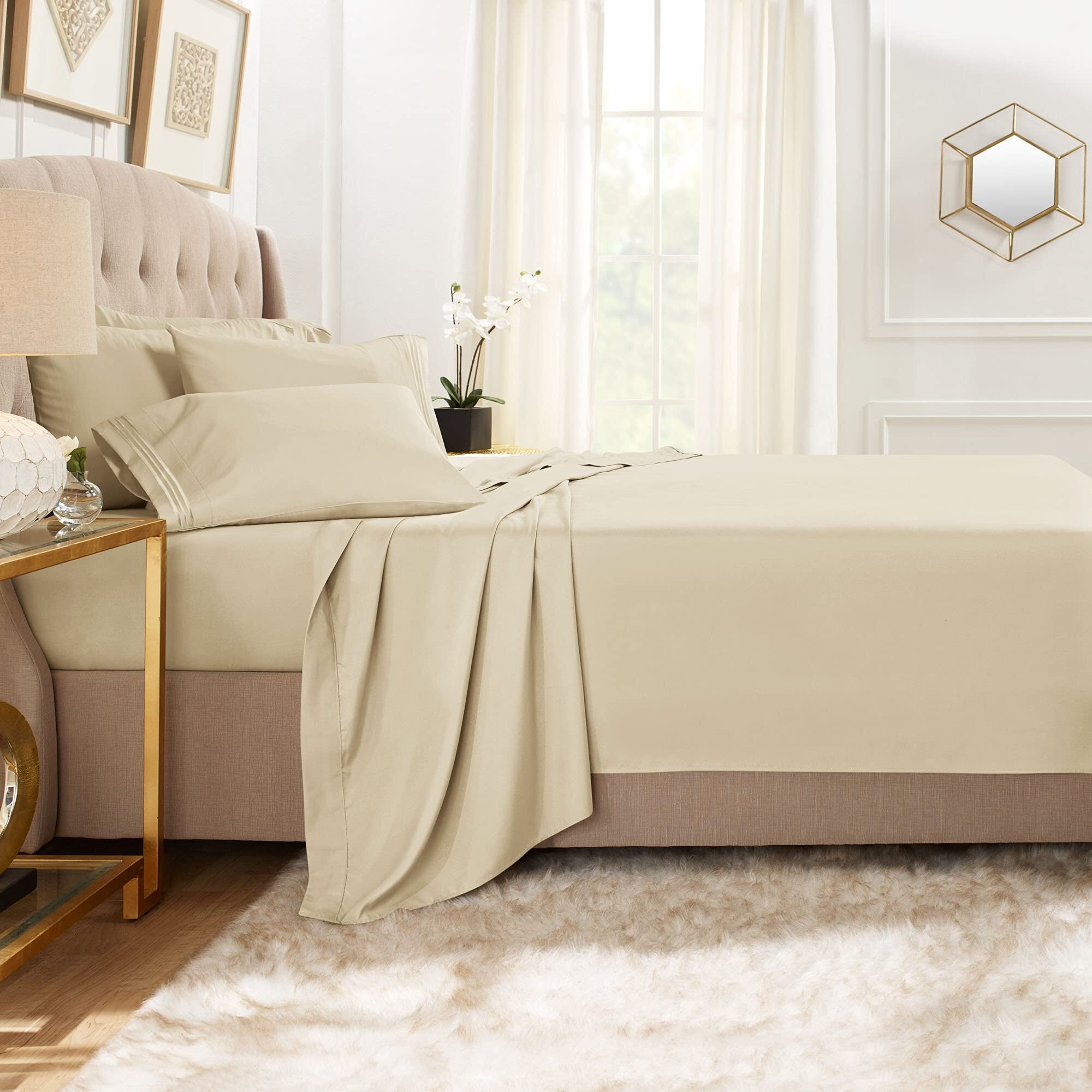 Clara Clark Queen Sheets, 6 Piece Set - Hotel Luxury Sheets For Queen Size Bed, Super Soft Bedding Sheets & Pillowcases, Queen Size Sheets, Beige Cream