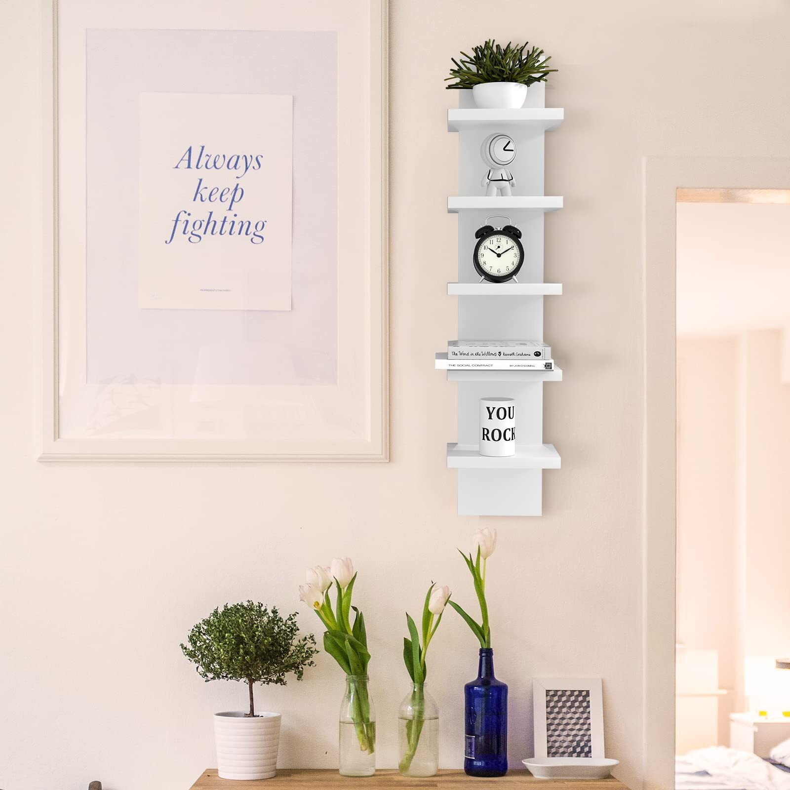Bloddream 5 Tier Wall Shelves White, Vertical Column Shelf Floating Storage Home Decor Organizer Tall Tower Design Utility Shelving Bedroom Living Room, 30.7, 31