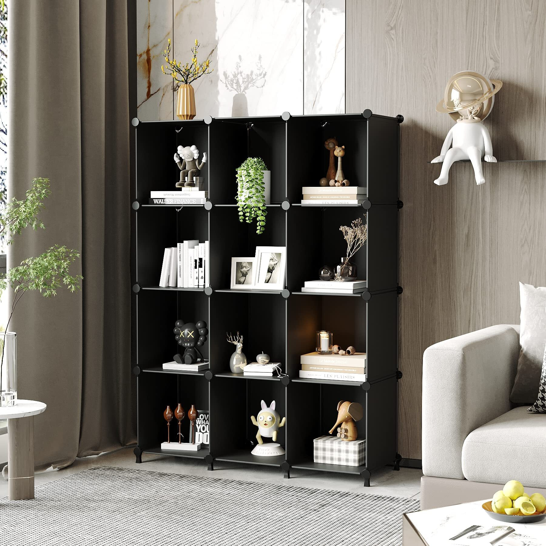 Awtatos Cube Storage Organizer Storage 12 Cube Bookshelf Diy Plastic Closet Storage Shelves With Wooden Mallet, Ideal Storage Solution For Home, Bedroom, Black