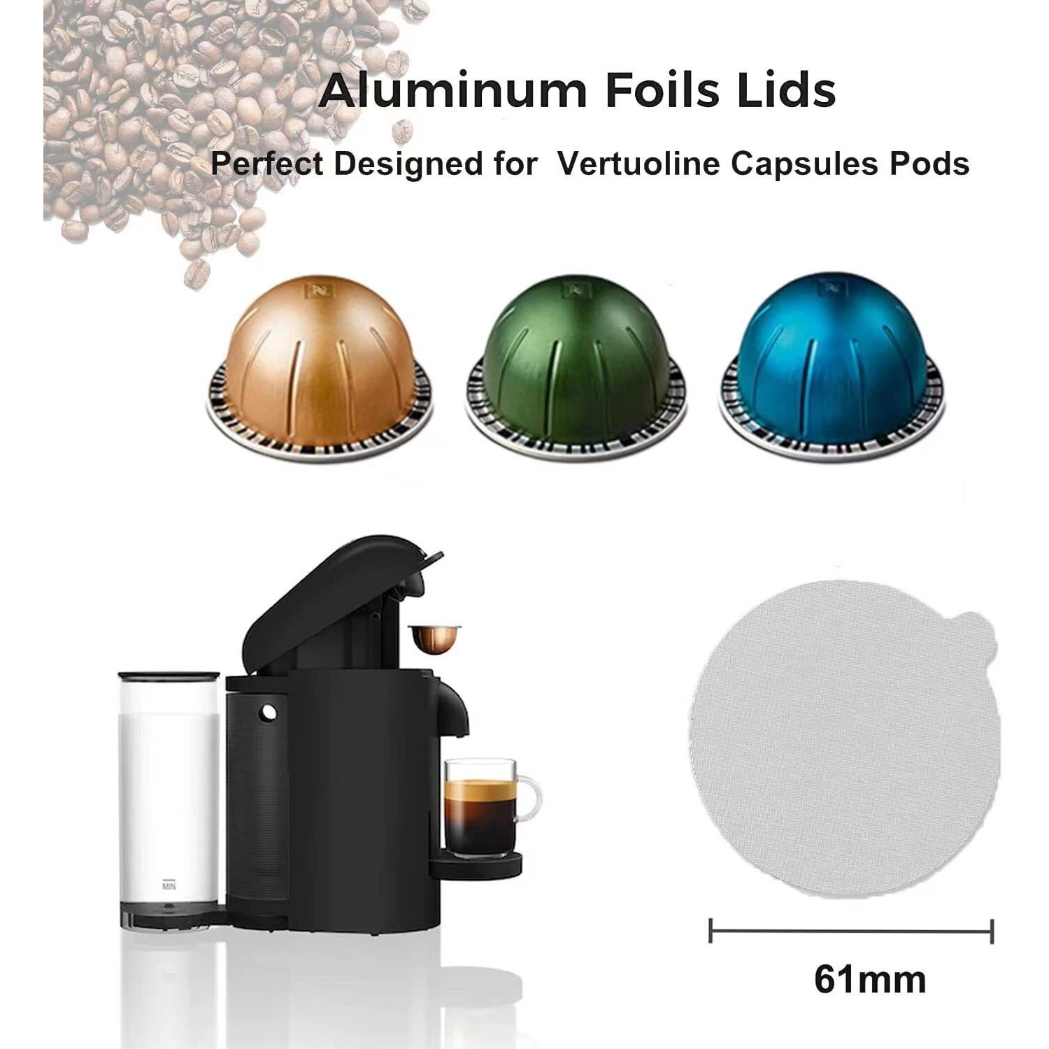 Clinuse Aluminum Foils Lids Seals To Reuse Nespresso Capsules Coffee Pods, Compatible With Nespresso Vertuoline Vertuo, 100Pcs Reuse Coffee Pods Cover Seals (61Mm, White)