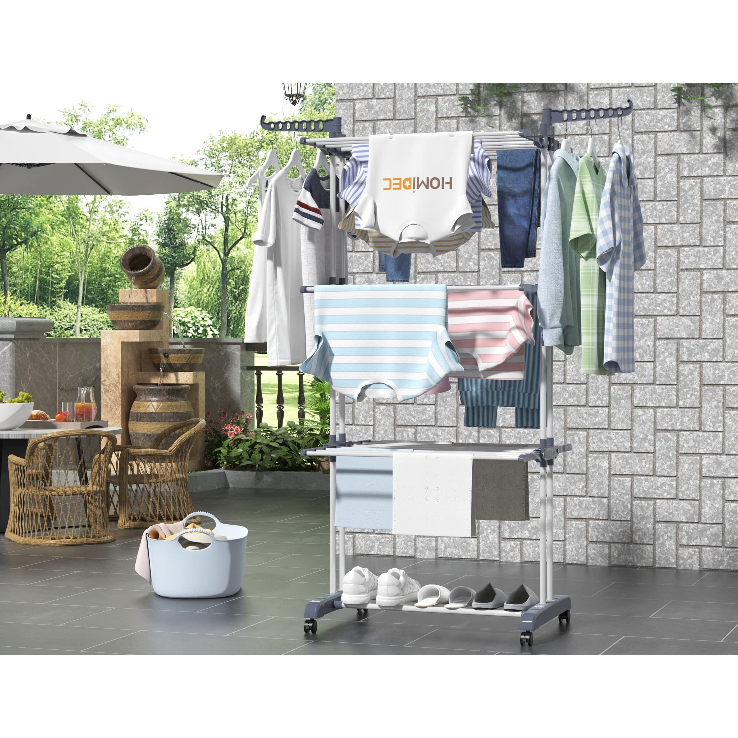 Homidec Clothes Drying Rack, Oversized 4-Tier(67.7"" High) Foldable Stainless Steel Drying Rack Clothing, Movable Drying Rack With 4 Castors, 24 Drying Poles And 14 Hooks For Bed Linen, Clothing, Grey