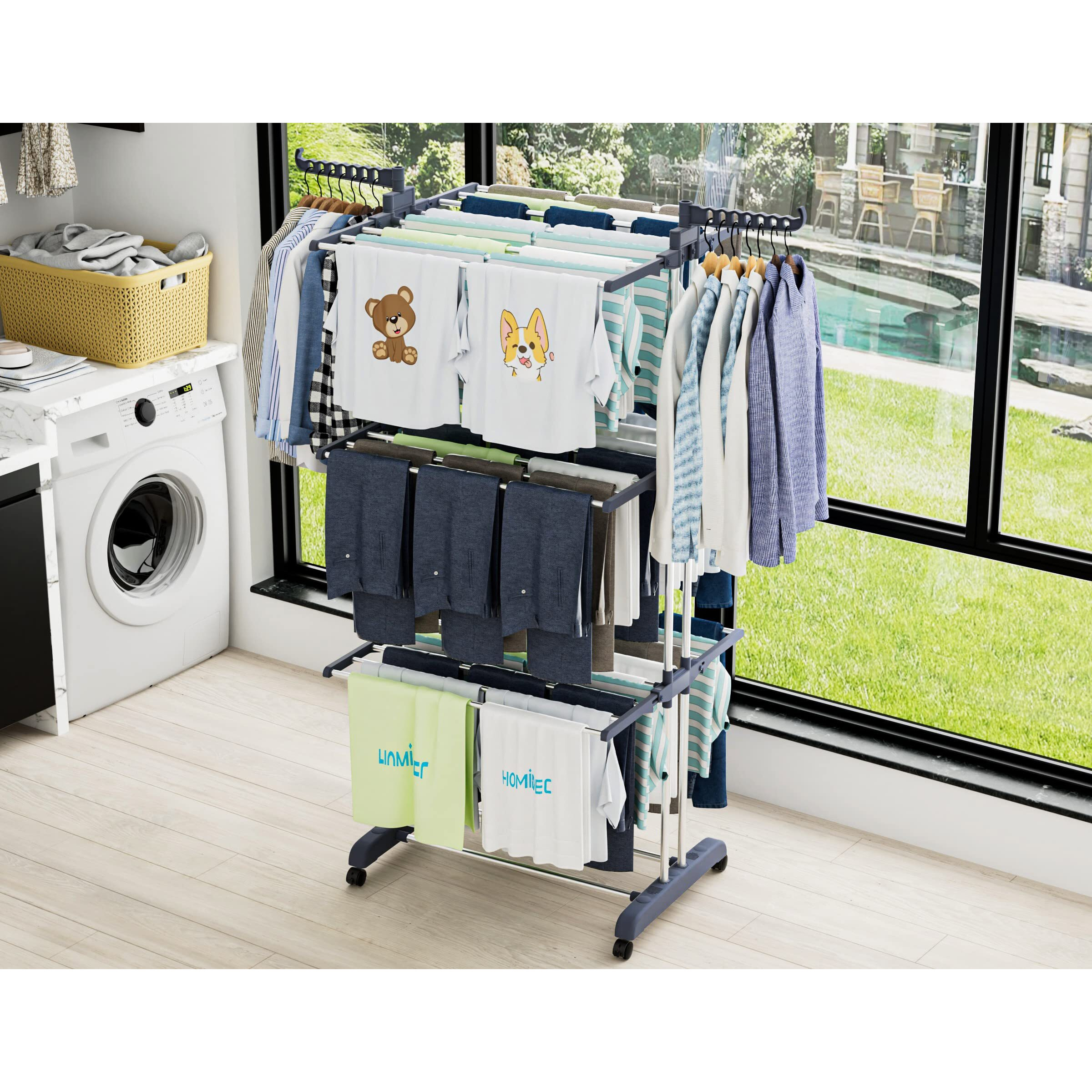 Homidec Clothes Drying Rack, Oversized 4-Tier(67.7"" High) Foldable Stainless Steel Drying Rack Clothing, Movable Drying Rack With 4 Castors, 24 Drying Poles And 14 Hooks For Bed Linen, Clothing, Grey