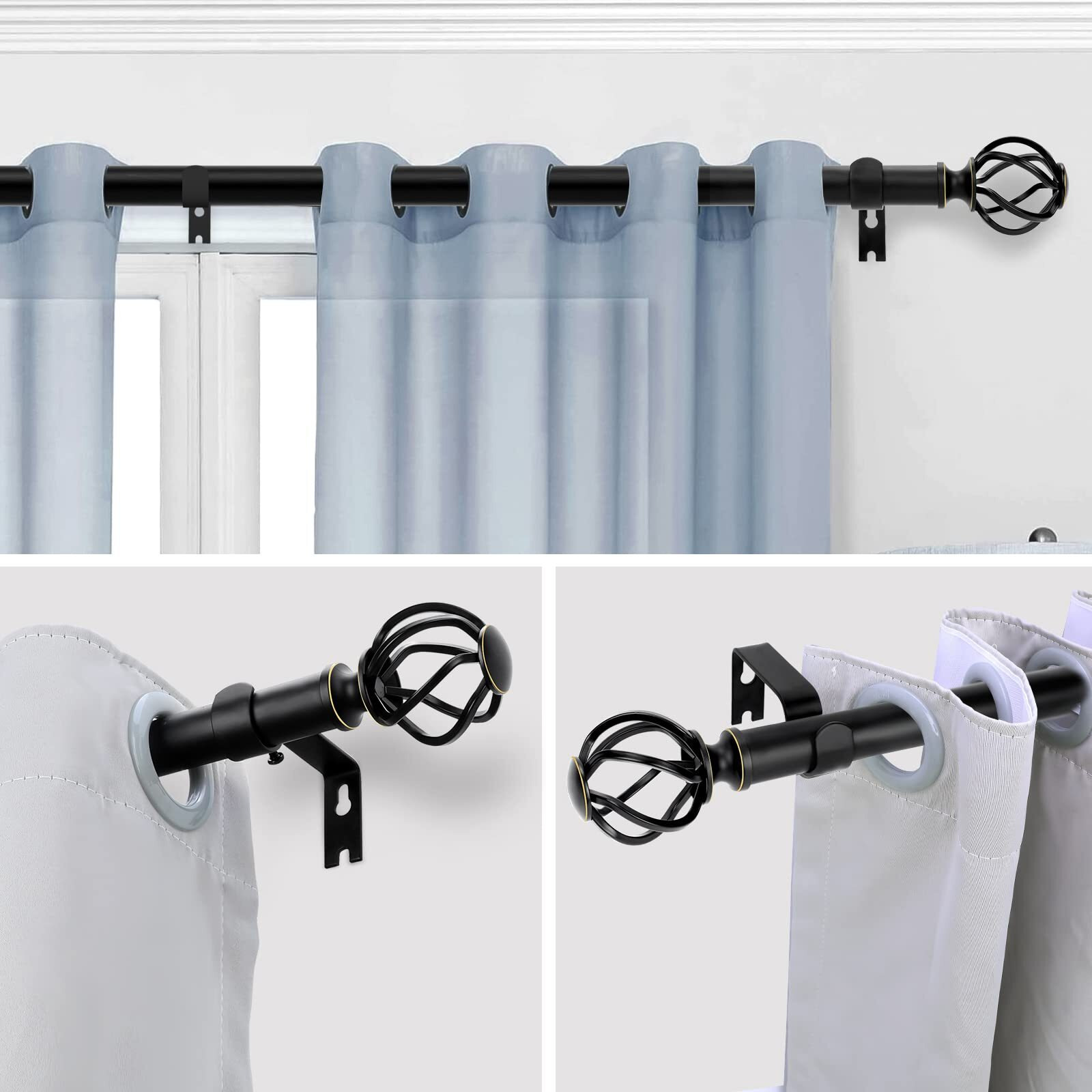 Voiiy Curtain Rods For Windows 66 To 120 Inch(5.5-10 Feet),3/4"" Diameter Black Drapery Rods With Twisted Cage Finials,Size36-120 Inch