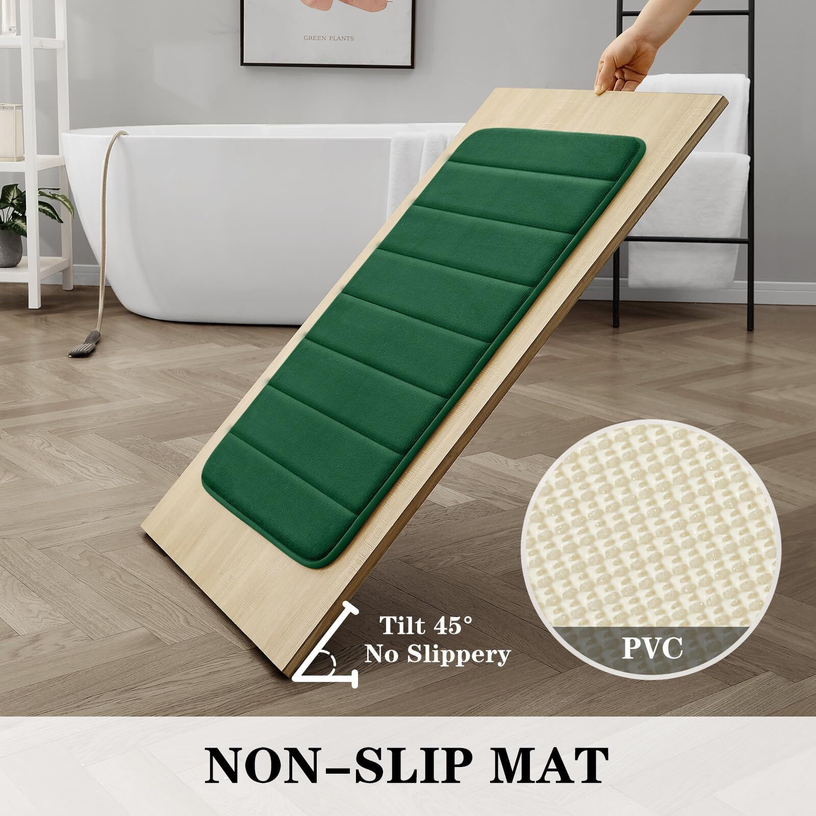 Bysure Dark Green Memory Foam Bathroom Rug Set 3 Piece, Non Slip Extra Soft Absorbent Bath Mats, Machine Washable & Dry Toilet Mat Sets For Bathroom Floor