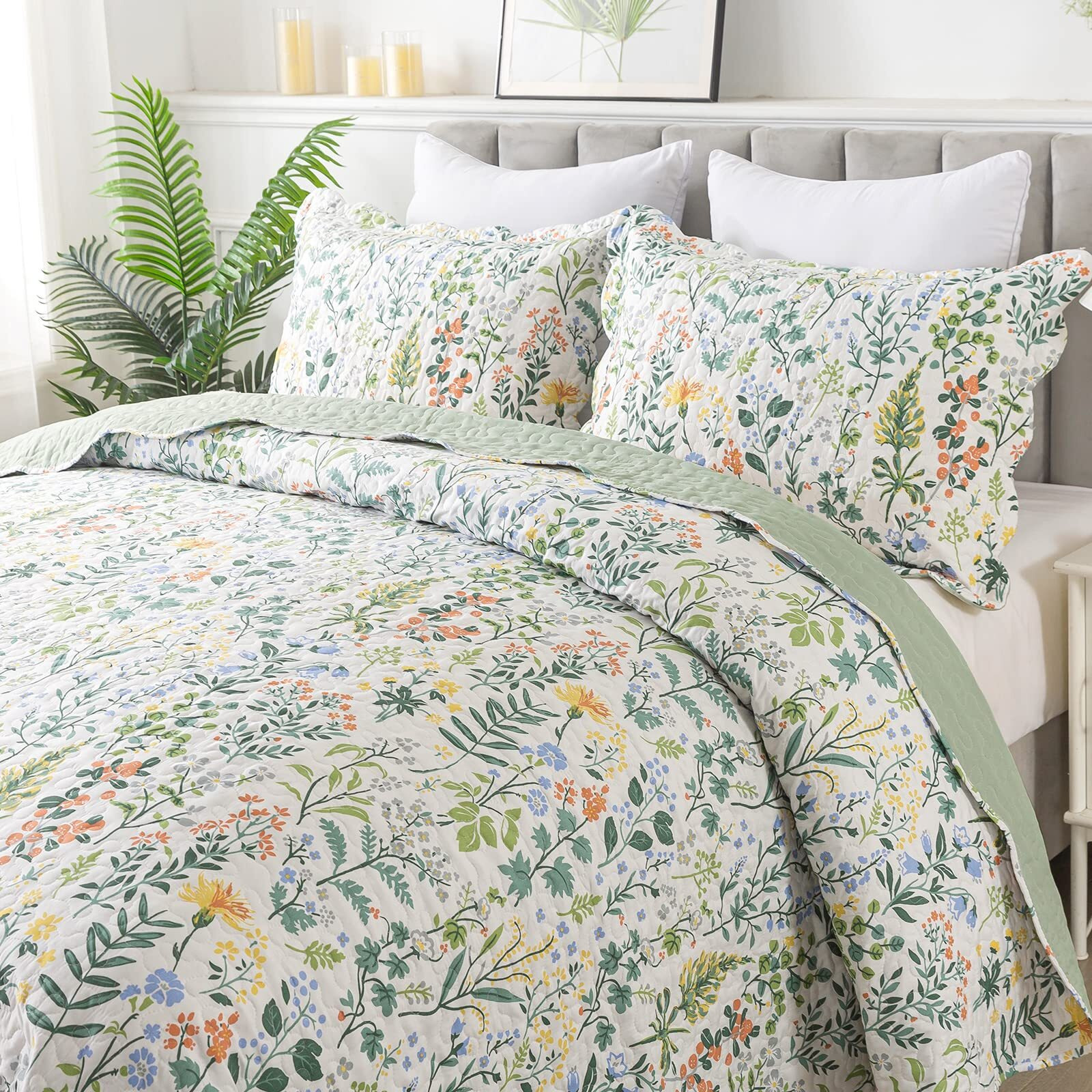 Honeilife Floral Quilt King Size - 3 Pieces Microfiber Quilt Sets Lightweight Bedspreads Wildflower Coverlets Retro Bed Cover King Quilt Bedding Set All Season Quilts