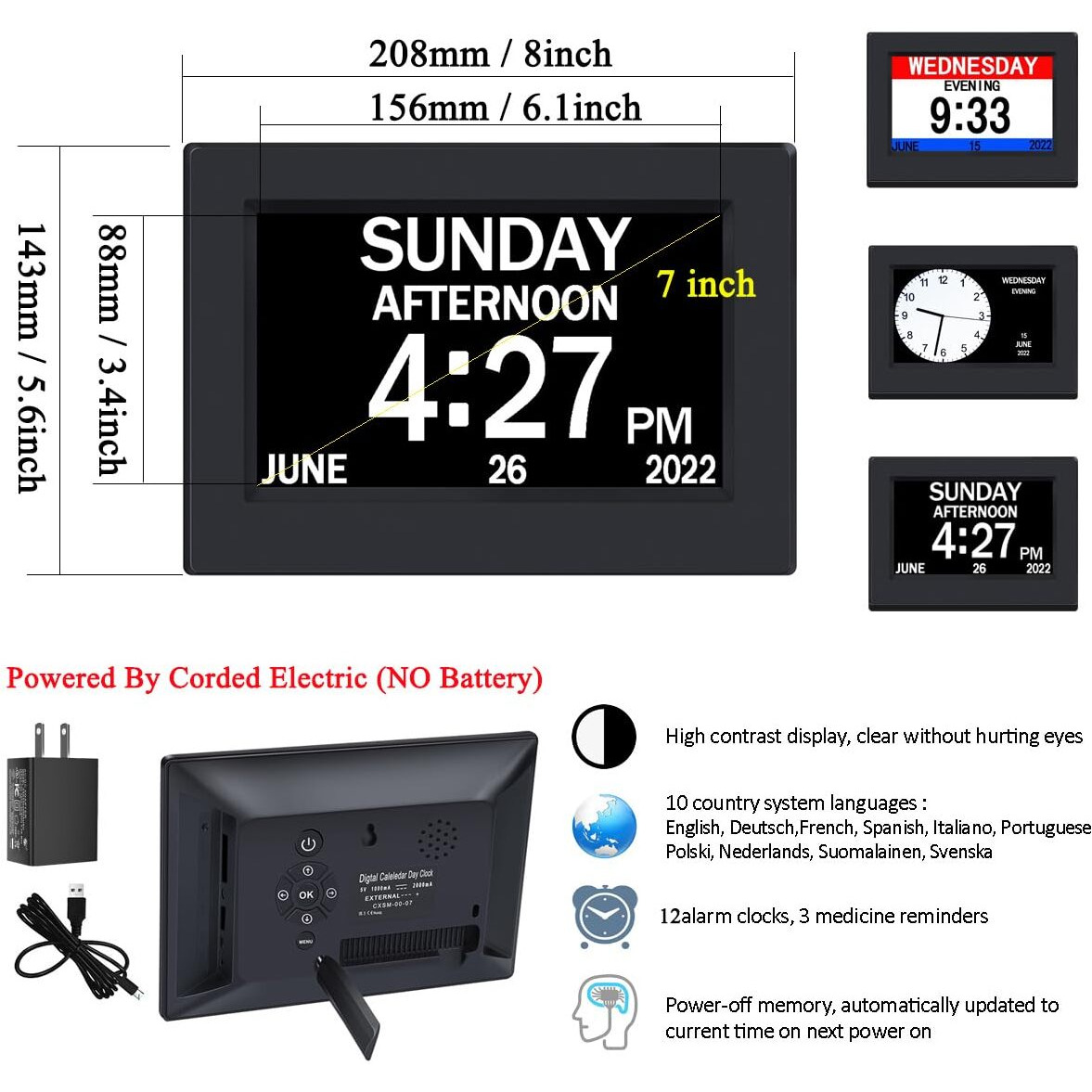 Ainftime Clock With Day And Date For Elderly-3 Colors Display Digital Calendar Alarm Clock Dementia Alzheimers Clock With Extra Large Display (7In Black)