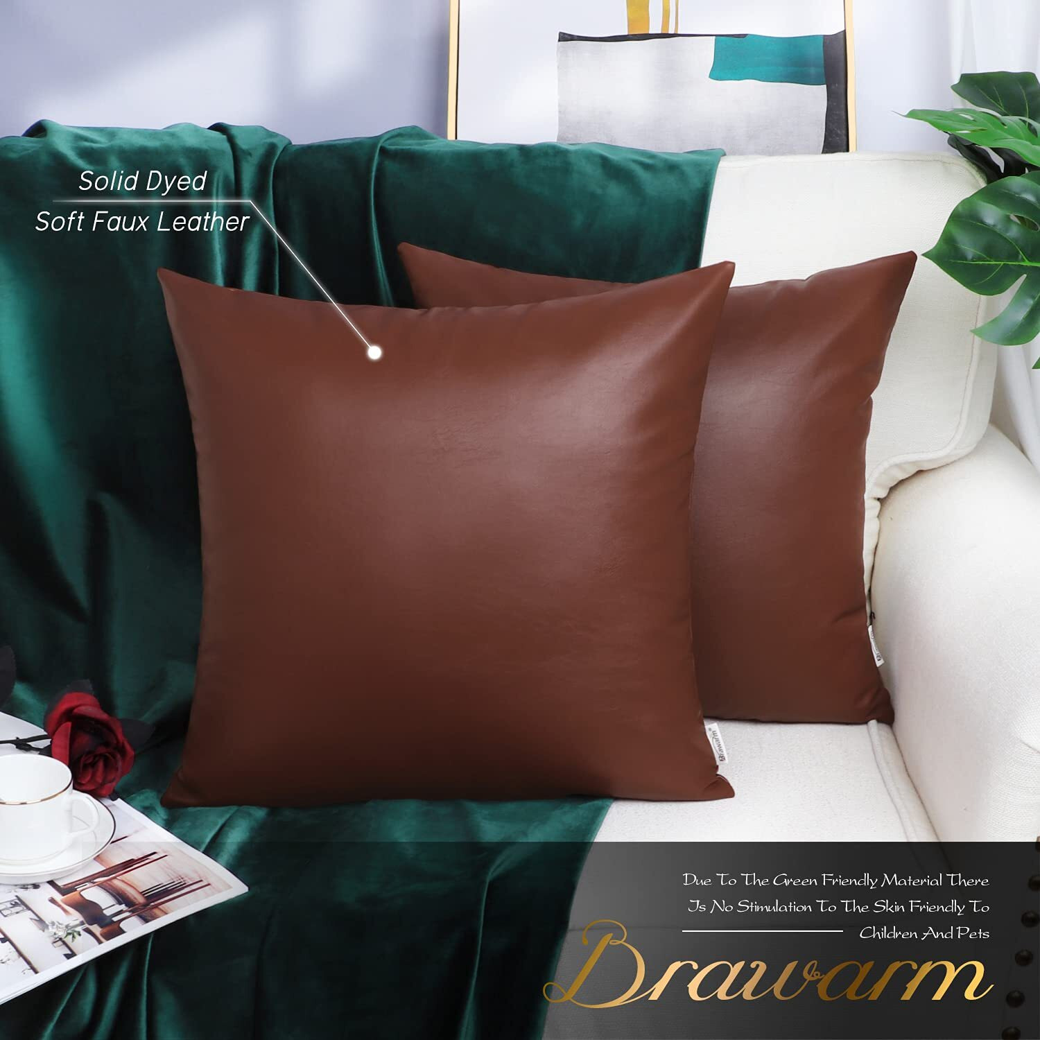 Brawarm Faux Leather Throw Pillow Covers 16 X 16 Inches - Brown Leather Pilow Covers Pack Of 2, Solid Dyed Leather Pillowcases For Couch Bed Sofa Garden Home Decorative