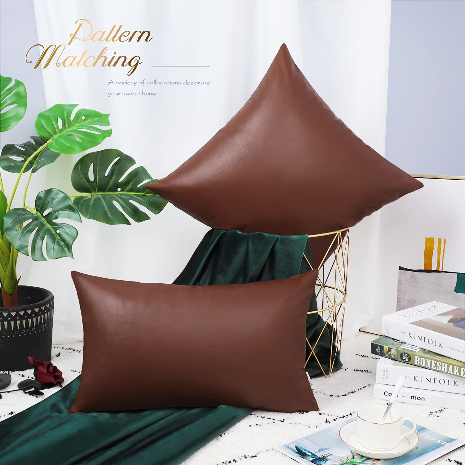 Brawarm Faux Leather Throw Pillow Covers 16 X 16 Inches - Brown Leather Pilow Covers Pack Of 2, Solid Dyed Leather Pillowcases For Couch Bed Sofa Garden Home Decorative