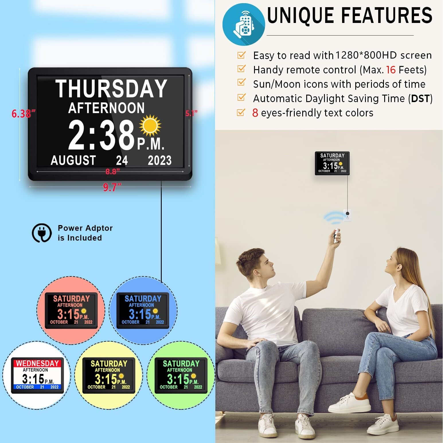 Massii 11.5 Inch Large Digital Clock With Auto Dst And Sun Moon Icons, Custom Reminders And Calendar Clock, Day Date Clock For Seniors Dementia Alzheimers' Clock With Remote Control