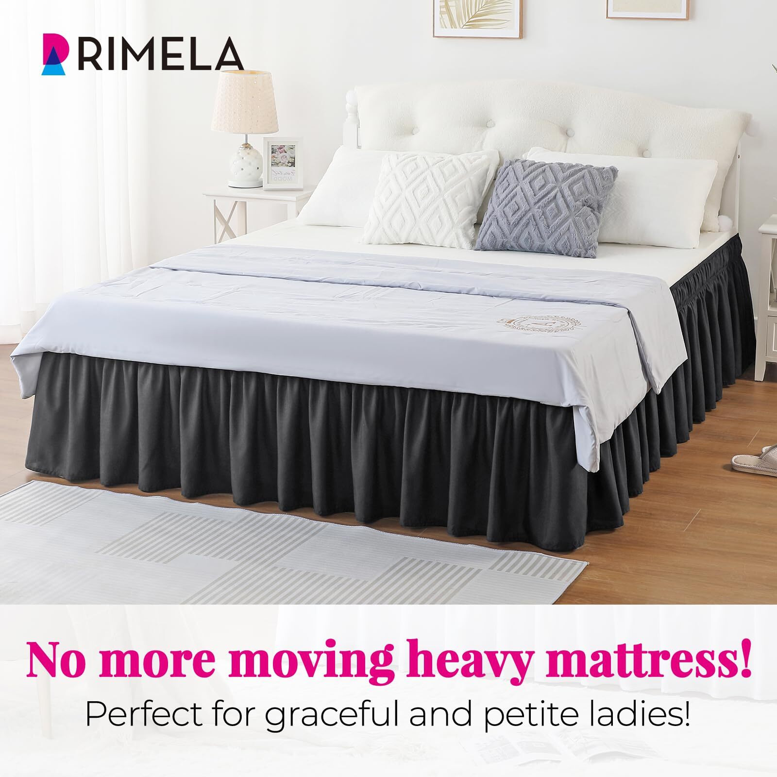 Rimela Black Bed Skirt Queen Size 15 Inch Drop, Dust Ruffle Bedskirt For Queen Bed, Elastic Wrap Around Easy To Install Solid Fabric Wrinkle & Fade Resistant Machine Washable