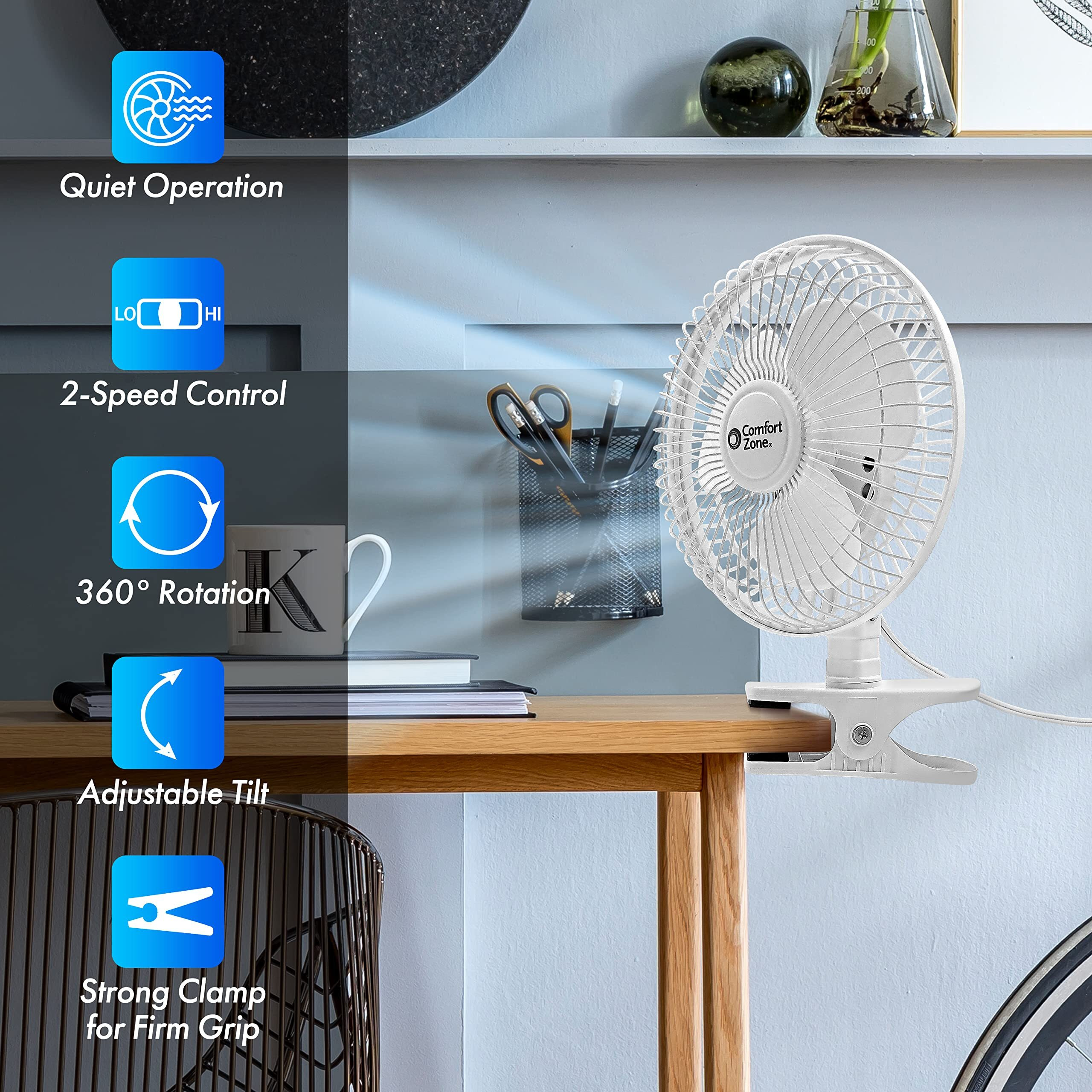 Comfort Zone Portable Clip On Fan With Fully Adjustable Tilt, Electric, 6 Inch, Quiet, Indoor, 2 Speed, Mini Desk Fan, Table Fan, Airflow 6.53 Ft/Sec, Ideal For Home, Bedroom, Dorm & Office, Cz6Cbk