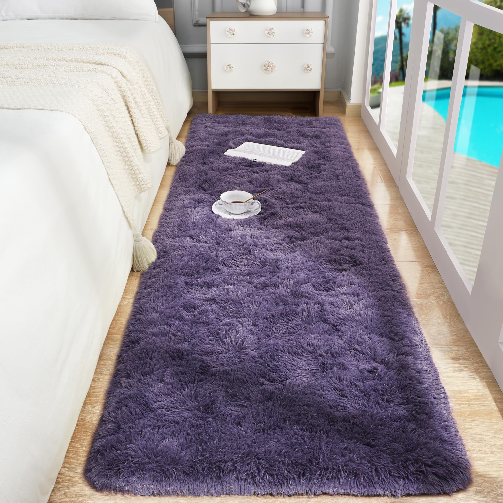 Foxmas Runner Rug For Bedroom 2X6 Feet, Soft Fluffy Hallway Rugs With Non-Slip Bottom Shag Bedside Rug For Kids Girls Room Plush Shaggy Dorm Rug Home Decor Carpet, Purple Grey