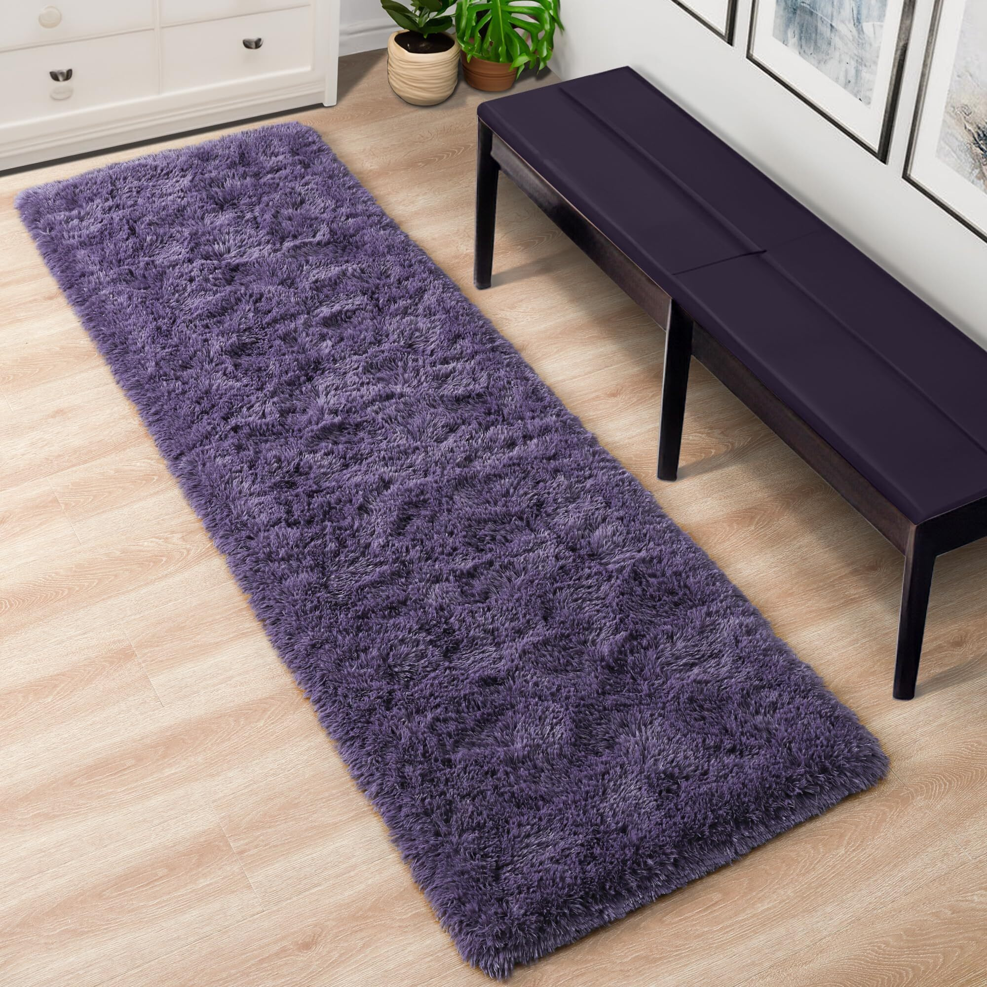 Foxmas Runner Rug For Bedroom 2X6 Feet, Soft Fluffy Hallway Rugs With Non-Slip Bottom Shag Bedside Rug For Kids Girls Room Plush Shaggy Dorm Rug Home Decor Carpet, Purple Grey