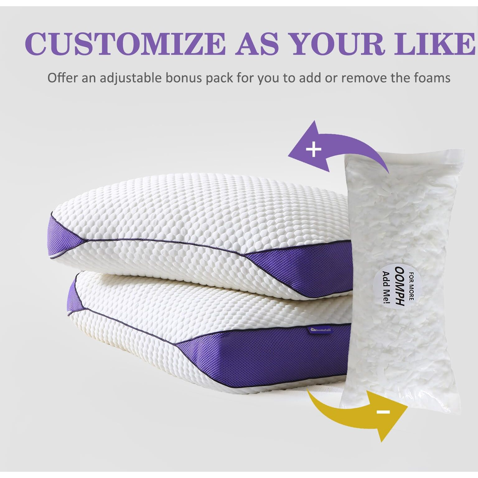 Homelab Adjustable Shredded Memory Foam Pillows Queen Size, Cooling Bed Pillows For Sleeping With Removable Cover, Medium Pillows For Side Stomach & Back Sleepers, 2 Packs 20"&quotX28""