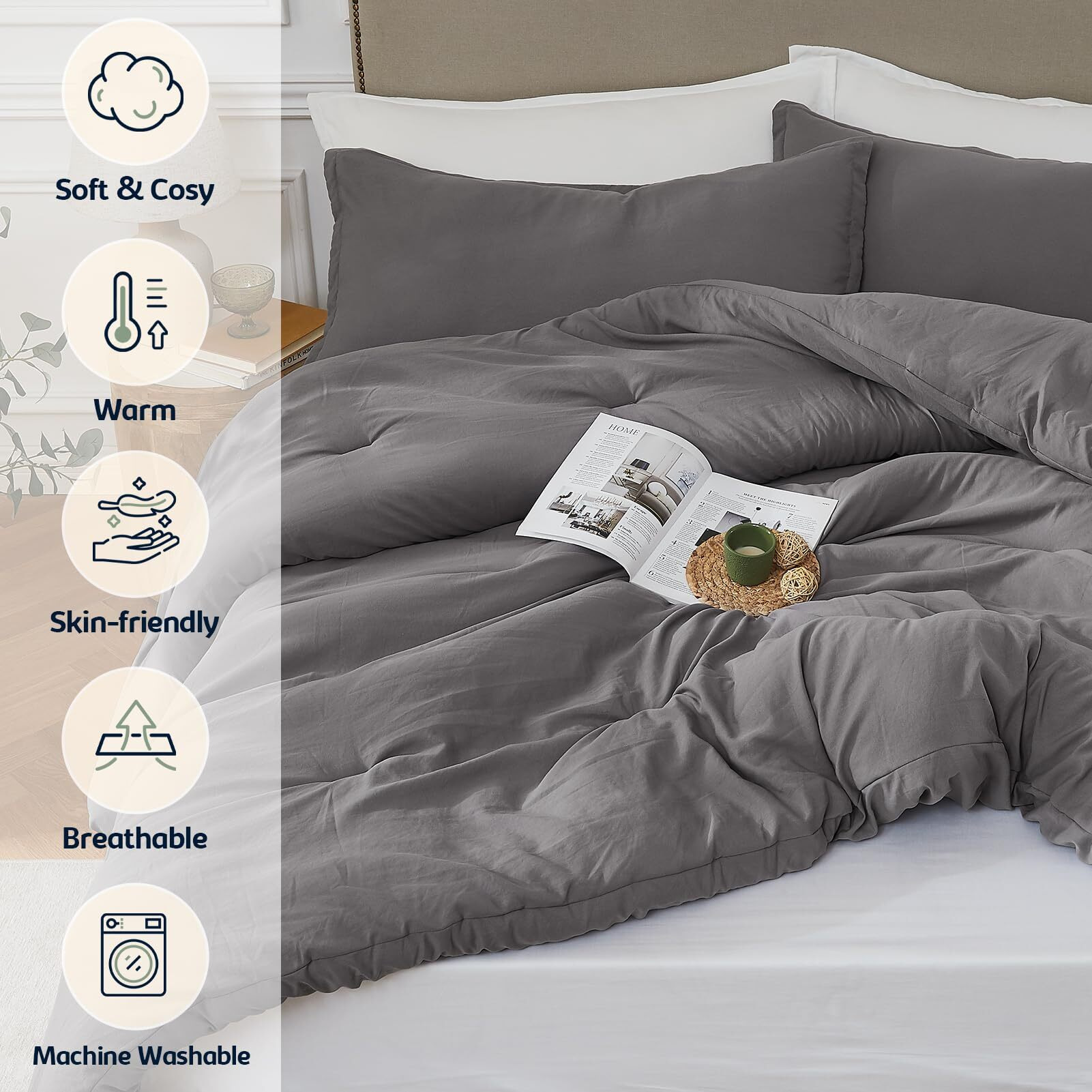 Quataly Queen Comforter Sets Grey,3Pcs Soft Lightweight Breathable Bedding Comforter Sets For All Season, Queen Size(90''  90'' Comforter & 2 Pillowcases)