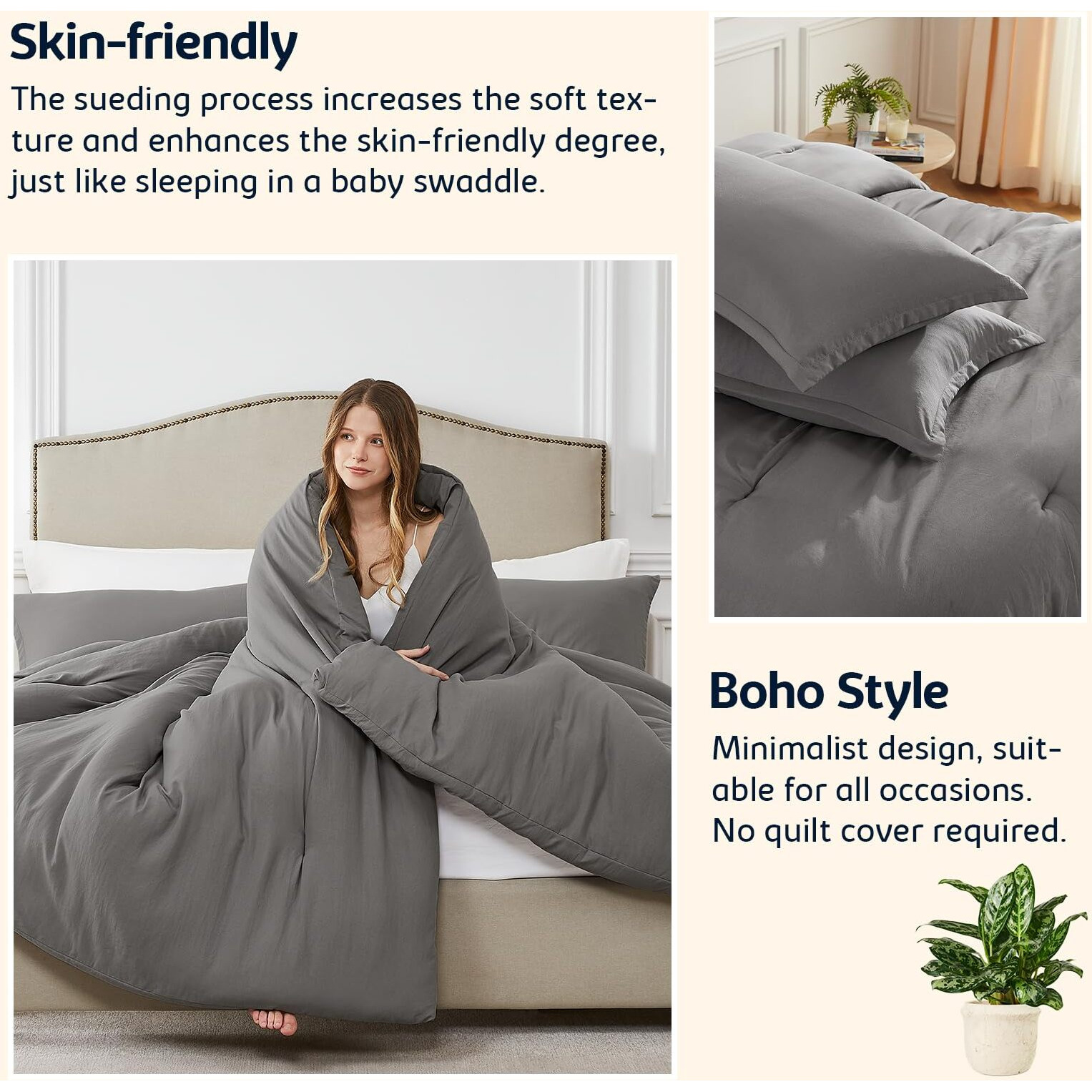 Quataly Queen Comforter Sets Grey,3Pcs Soft Lightweight Breathable Bedding Comforter Sets For All Season, Queen Size(90''  90'' Comforter & 2 Pillowcases)