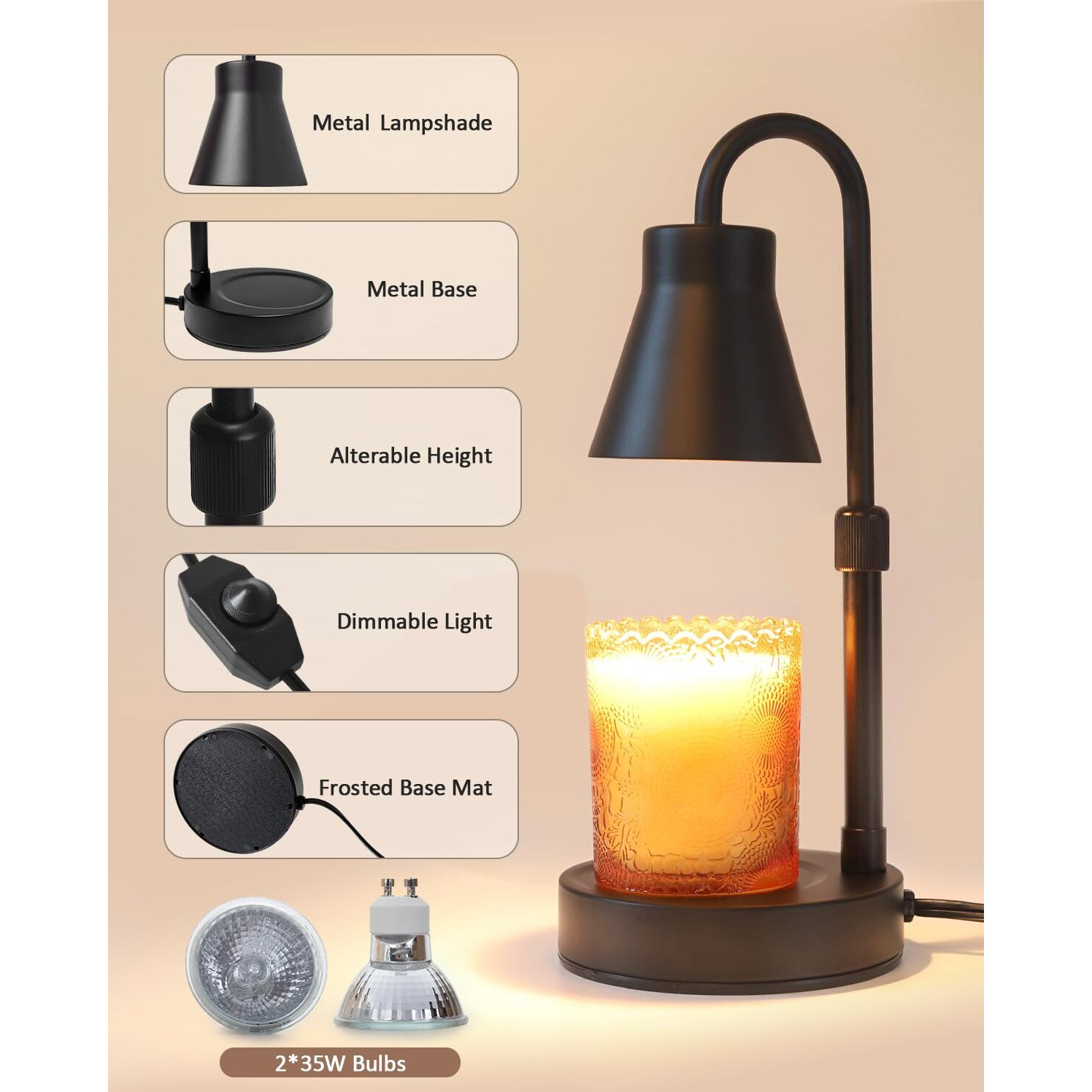 Elenhome Candle Warmer Lamp With Adjustable Height, Stepless Dimming Function-Home Decor Lamp Candle Warmer, Metal Candle Lamp For Jar Candles, No Flame Scented Candle Warmer With 2 Bulbs (Black)