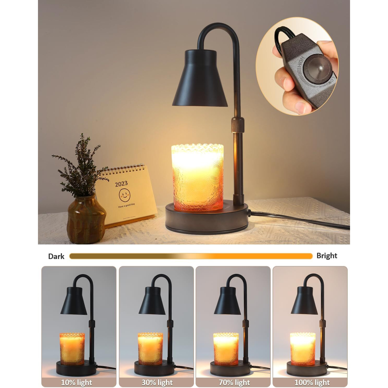 Elenhome Candle Warmer Lamp With Adjustable Height, Stepless Dimming Function-Home Decor Lamp Candle Warmer, Metal Candle Lamp For Jar Candles, No Flame Scented Candle Warmer With 2 Bulbs (Black)