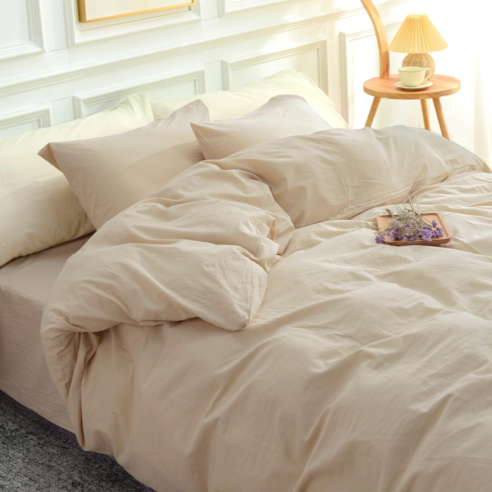 Nexhome Pro Duvet Cover Set Kids Twin Size Linen Look Textured Organic Natural 100% Washed Cotton Duvet Cover Beige 2 Pieces Bedding Set With Zipper Closure, Breathable, Soft (No Comforter)