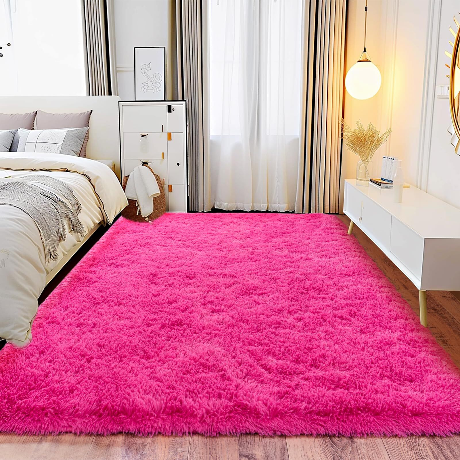 Shaggy 8X10 Area Rugs, Hot Pink Rug-Fuzzy Rugs For Kids Bedroom, Soft Play Nursery Area Rug For Girls, Shag Area Rugs Non Slip, Fluffy Faux Fur Rug Carpet