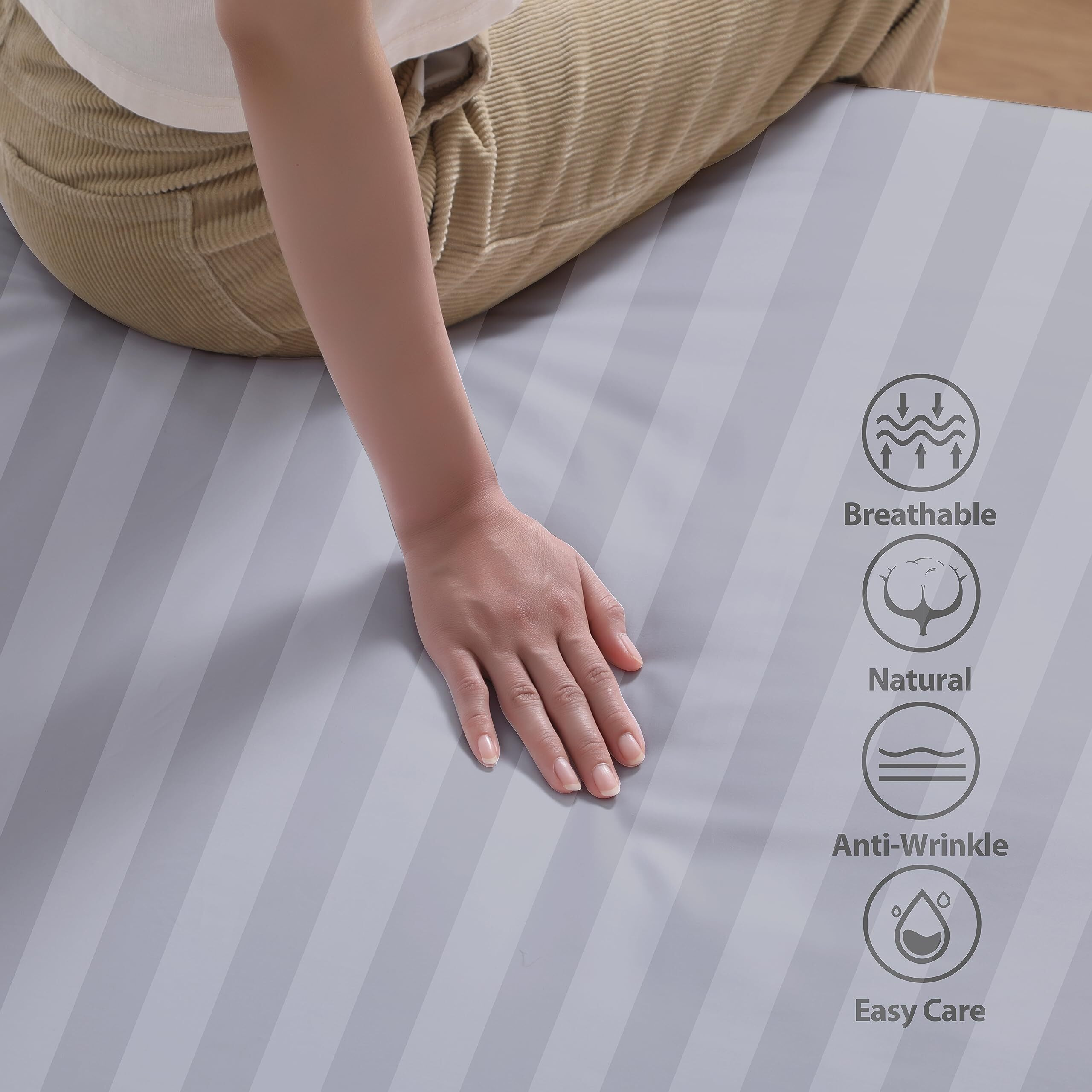 100% Egyptian Cotton Fitted Sheet King Size, 600 Thread Count, Single Fitted Sheet Only,16"" Deep Pocket Sheet, Soft & Elastic Sateen Weave Bottom Sheet For Hotel & Home (Gray-Stripe, King)