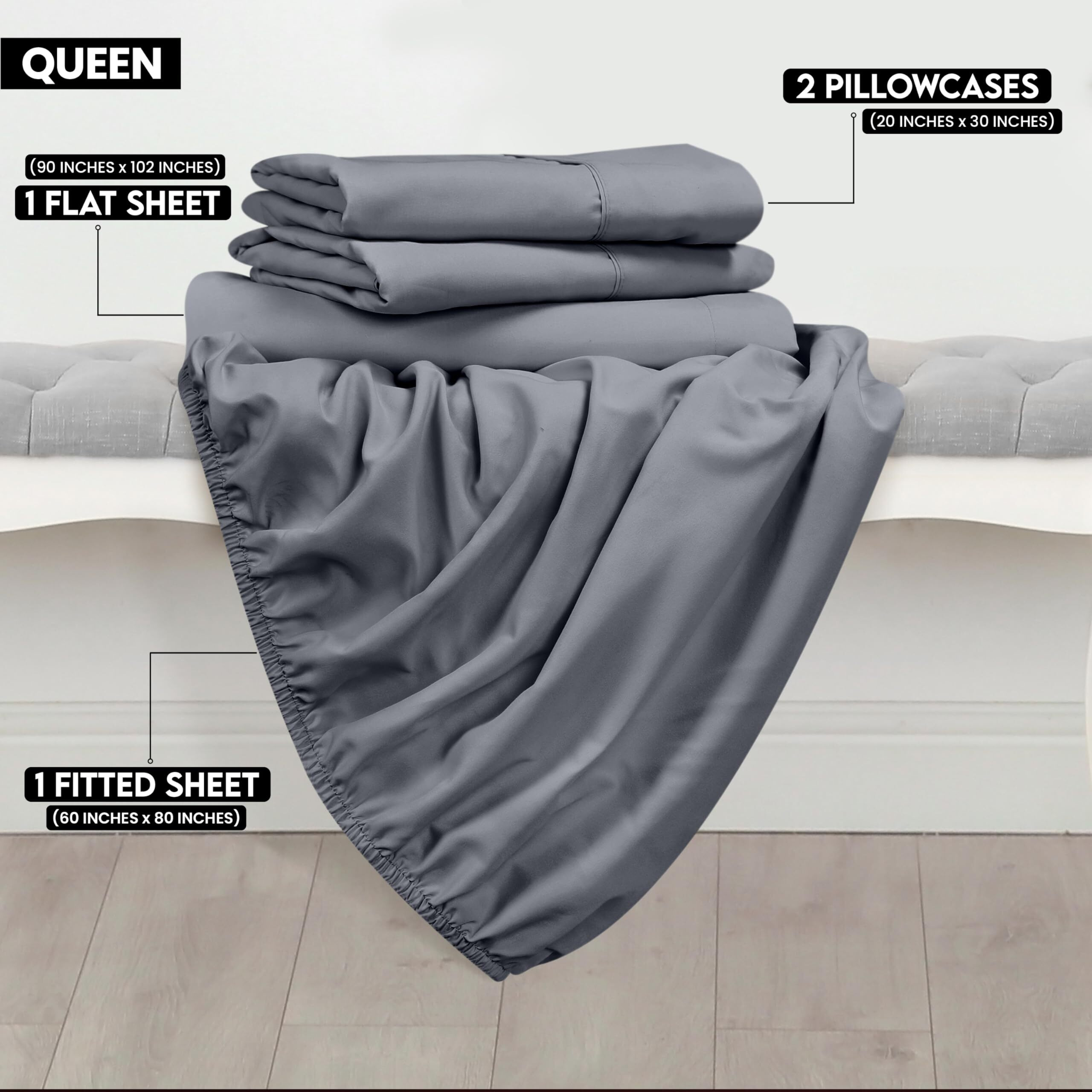 Utopia Bedding Queen Sheet Set - Brushed Microfiber - Soft Bed Sheets For Queen Size Bed Set - Luxury Bedding Sheets With Fitted Sheet, Flat Sheet & 2 Pillow Cases - Deep Pocket (Grey)