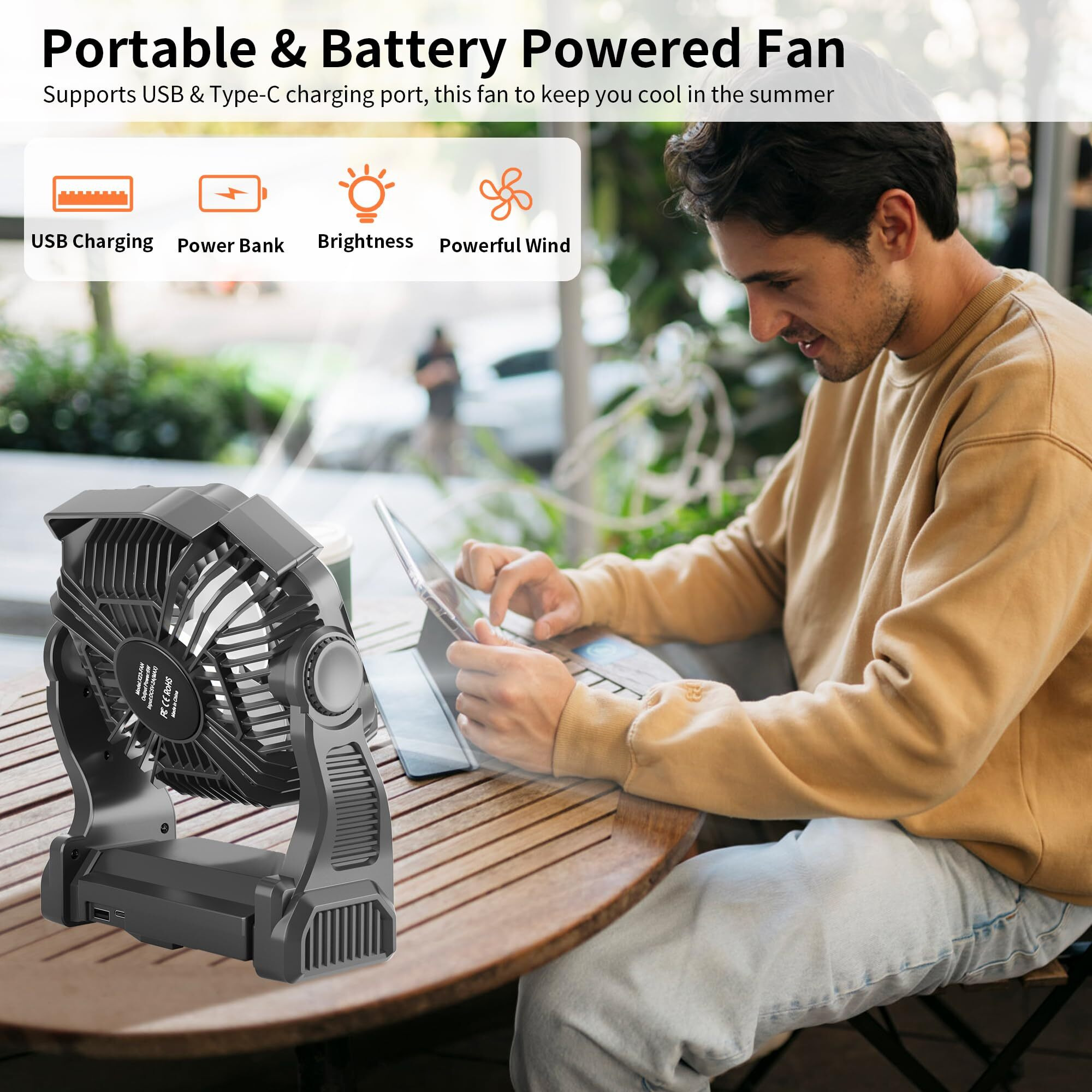 Tdlol Battery Operated Fan, Up 38H Rechargeable Camping Fan Battery Powered, 10In Battery Powered Fan Outdoor Camping Fan With Led Lantern, Portable Tent Fan Camping Essentials X23 Black