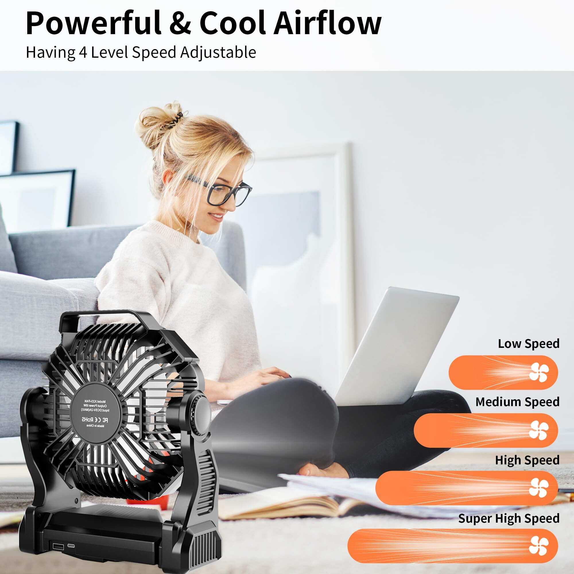 Tdlol Battery Operated Fan, Up 38H Rechargeable Camping Fan Battery Powered, 10In Battery Powered Fan Outdoor Camping Fan With Led Lantern, Portable Tent Fan Camping Essentials X23 Black