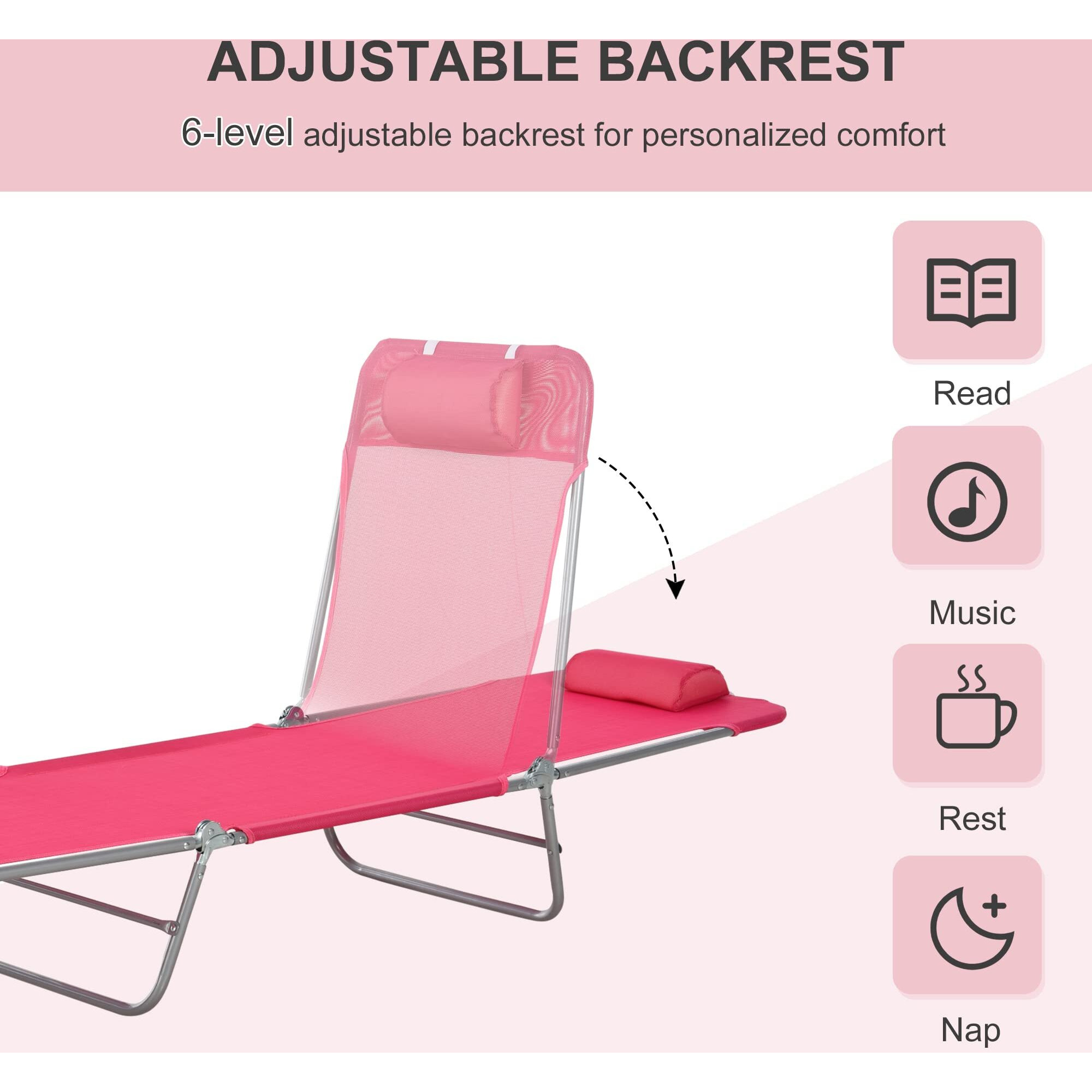 Outsunny Folding Chaise Lounge Chair, Pool Sun Tanning Chair, Outdoor Lounge Chair With Reclining Back, Breathable Mesh Seat, Headrest For Beach, Yard, Patio, Pink