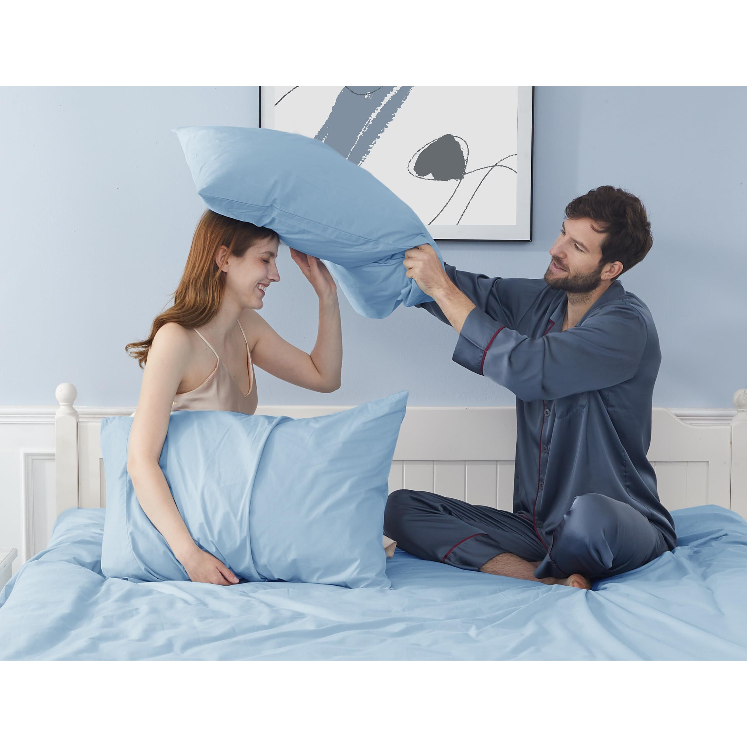 Cotton Pillow Cases King Size Set Of 2, 20 By 40 Inches King Pillow Cases, Light Blue King Pillow Cases, King Pillowcases Cotton Percale Weave Pre-Shrunk Breathable And Hypoallergenic