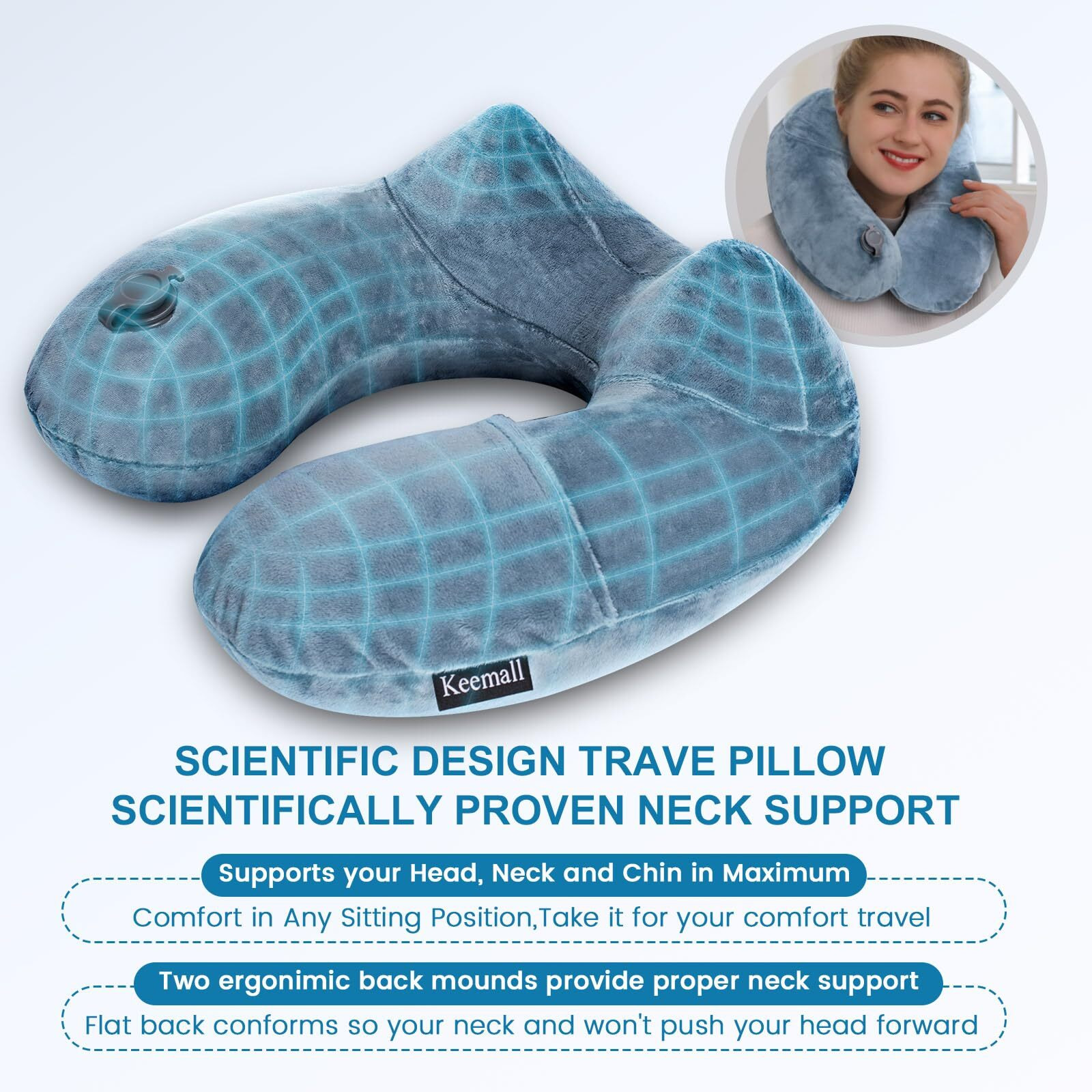 Keemall Inflatable Travel Neck Pillow For Airplane Sleeping Blow Up Neck Support Air Pillow Traveling On Plane Long Flights Washable
