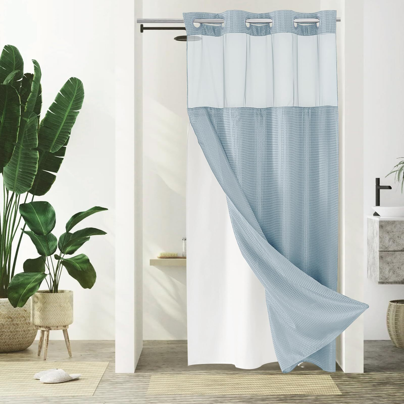 Gibelle Stall Small Shower Curtain 36X74, Waffle Weave Shower Curtain With Snap-In Fabric Liner Set, No Hooks Needed, Hotel Style With Mesh Top Window, Fog Blue