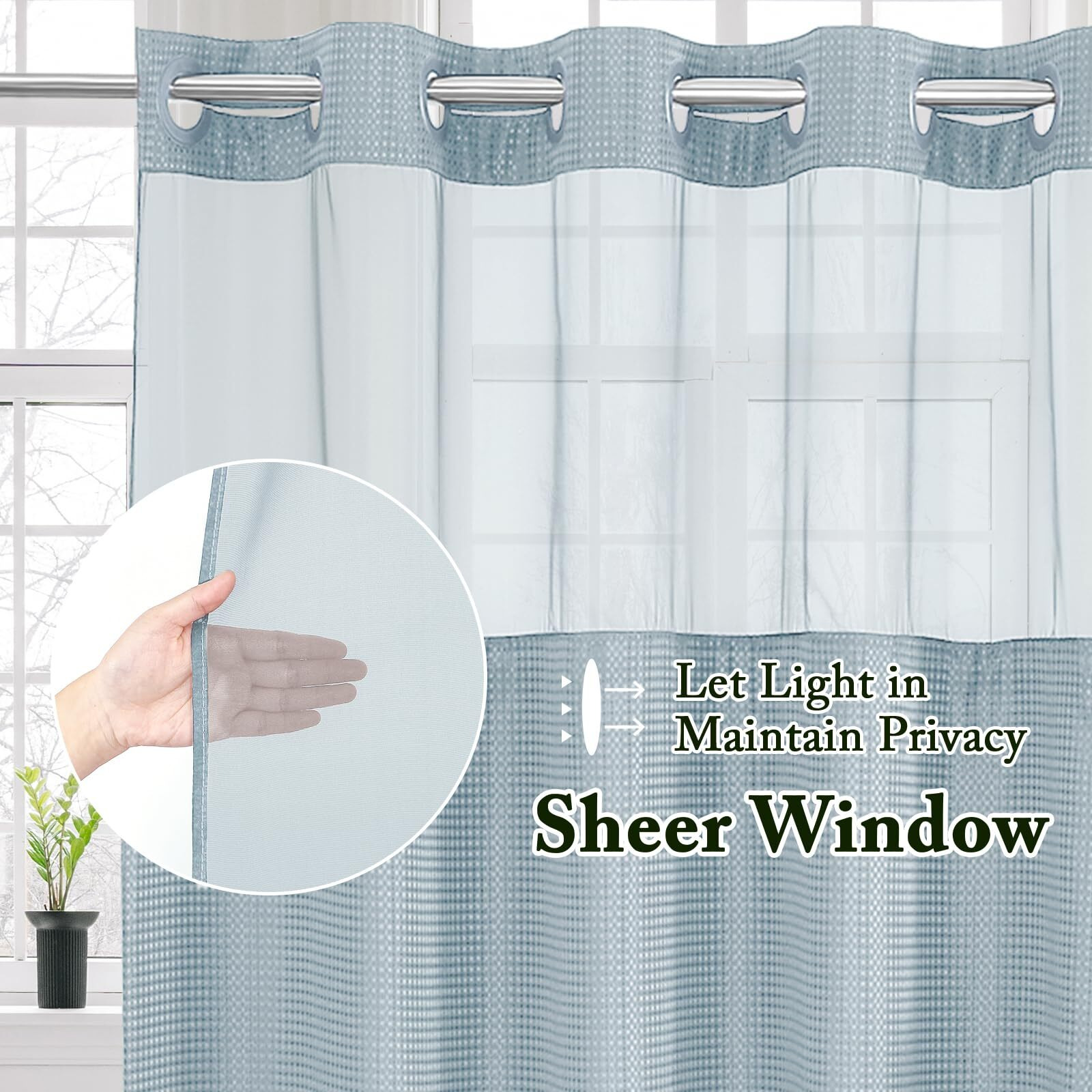 Gibelle Stall Small Shower Curtain 36X74, Waffle Weave Shower Curtain With Snap-In Fabric Liner Set, No Hooks Needed, Hotel Style With Mesh Top Window, Fog Blue