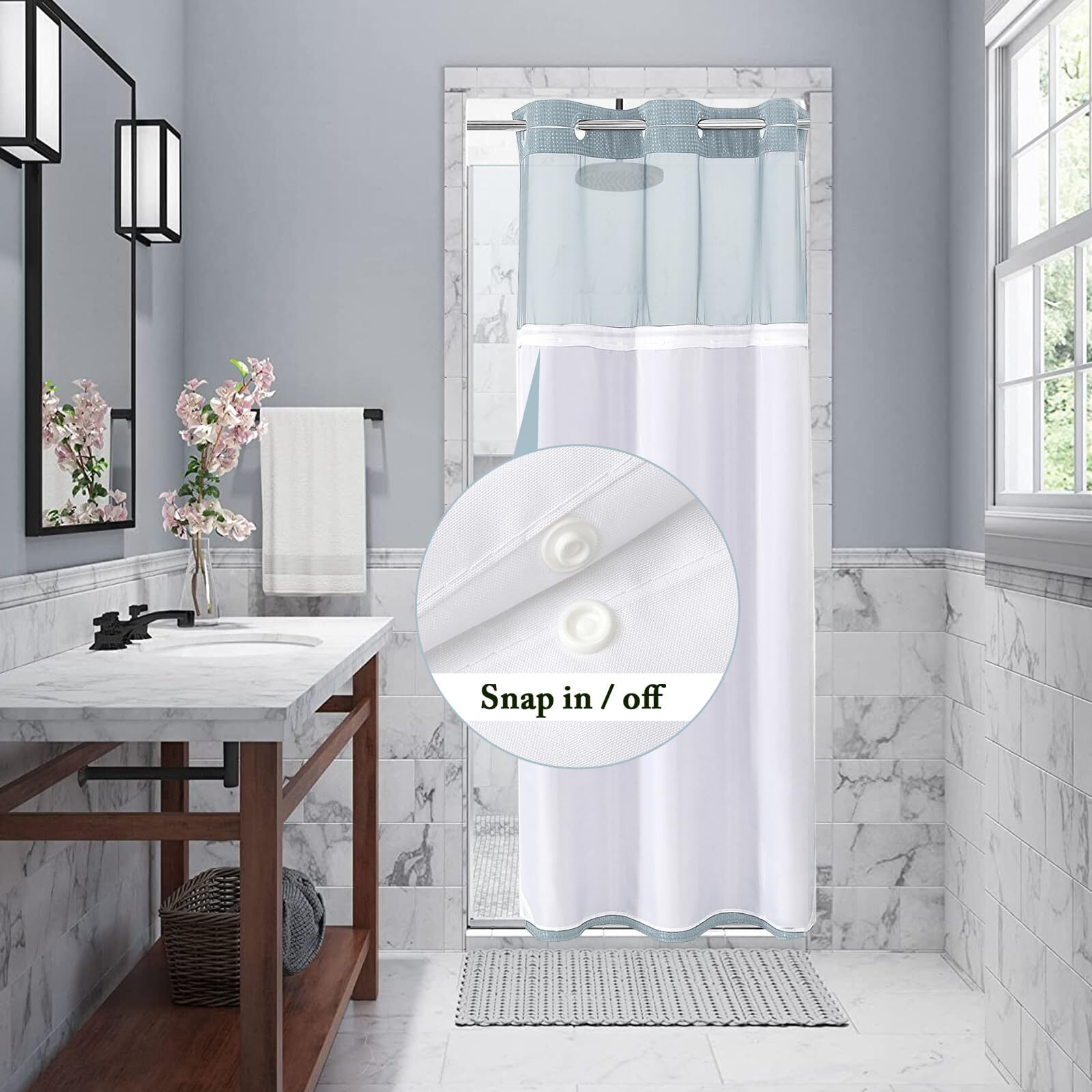 Gibelle Stall Small Shower Curtain 36X74, Waffle Weave Shower Curtain With Snap-In Fabric Liner Set, No Hooks Needed, Hotel Style With Mesh Top Window, Fog Blue