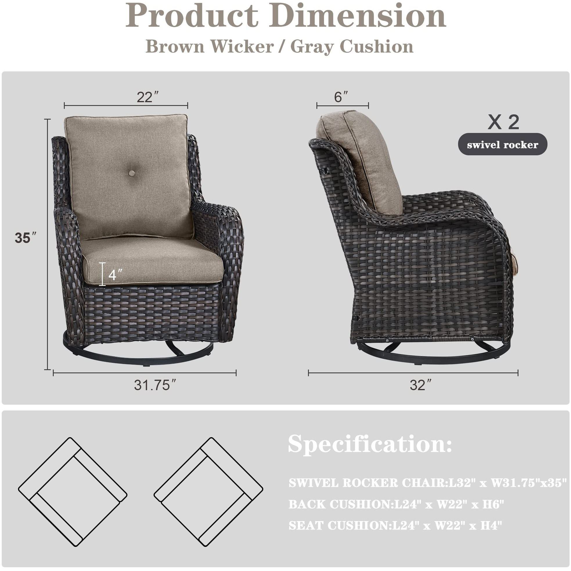 Belord Outdoor Swivel Rcoker Patio Chairs - Outdoor Swivel Patio Chairs Set Of 2 Wicker Chair Patio Furniture Sets With Covered Cushion For Porch Deck Balcony Garden, Gray