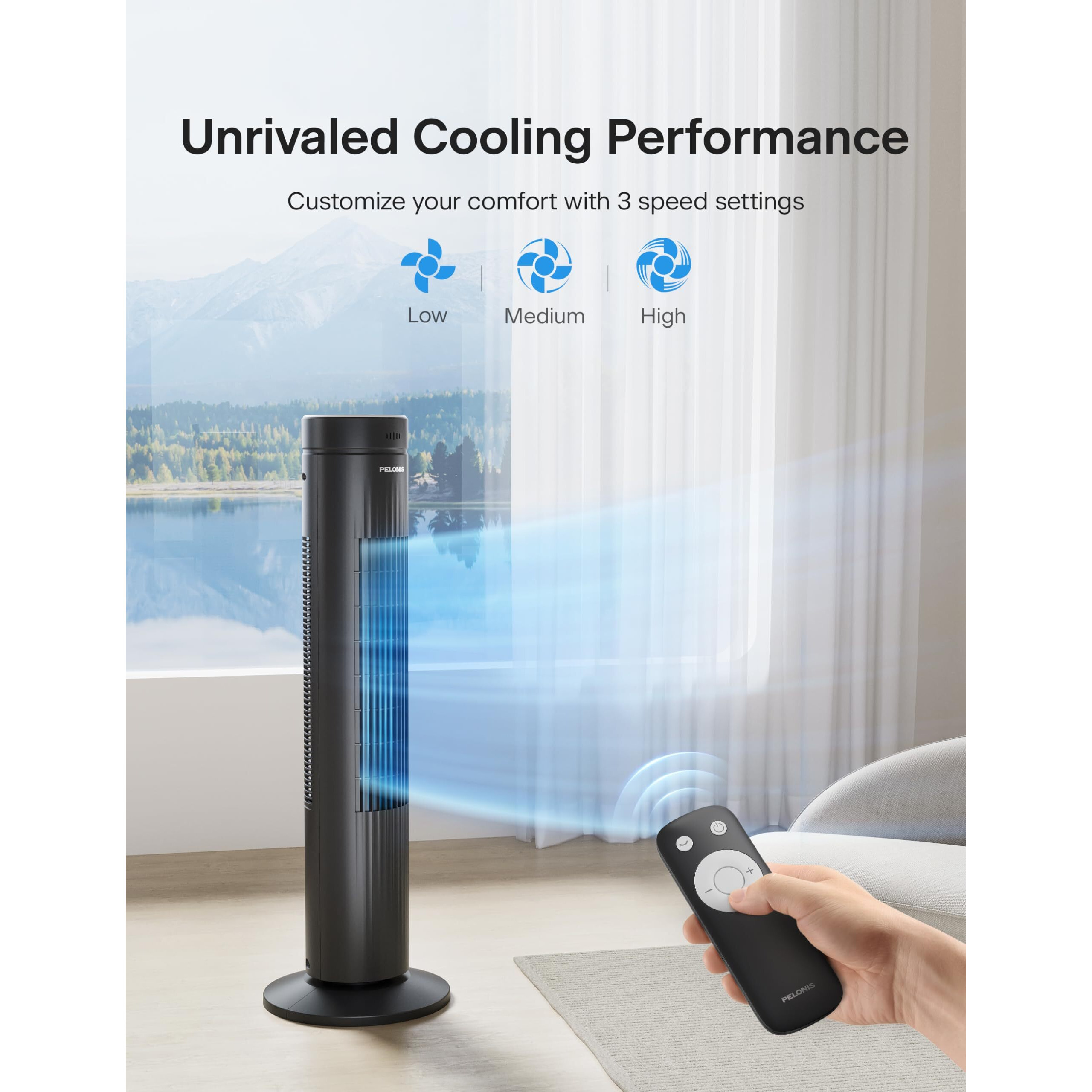 Pelonis 30-Inch Oscillating Tower Fan For Bedroom - 3 Speed, 37Db Quiet Tower Fan With Remote Control And 7-Hour Timer - Etl Certified, Black