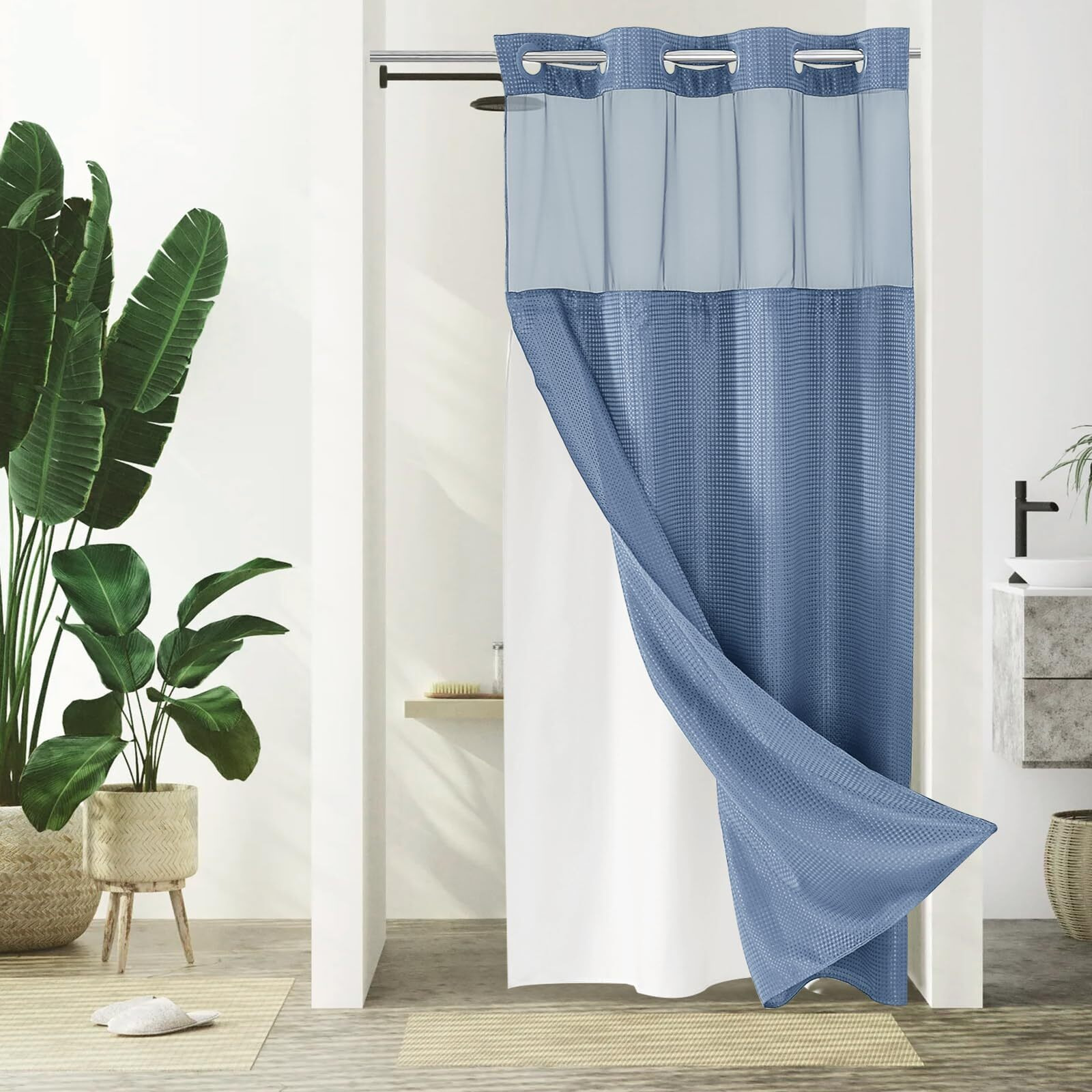 Gibelle Stall Small Shower Curtain 36X74, Waffle Weave Shower Curtain With Snap-In Fabric Liner Set, No Hooks Needed, Hotel Style With Mesh Top Window, Moonlight Blue