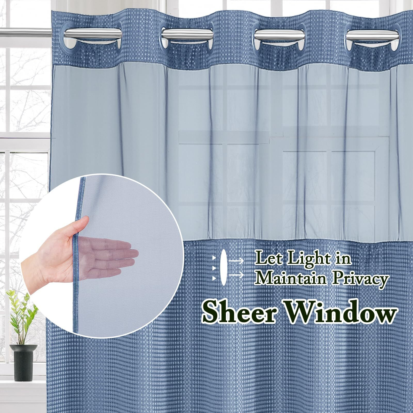 Gibelle Stall Small Shower Curtain 36X74, Waffle Weave Shower Curtain With Snap-In Fabric Liner Set, No Hooks Needed, Hotel Style With Mesh Top Window, Moonlight Blue