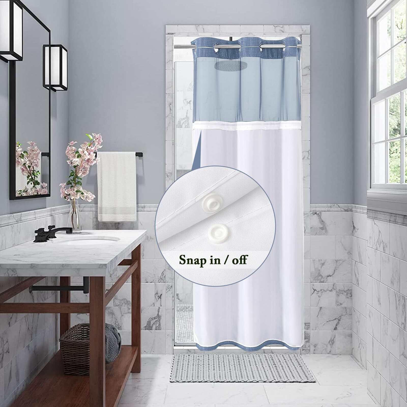 Gibelle Stall Small Shower Curtain 36X74, Waffle Weave Shower Curtain With Snap-In Fabric Liner Set, No Hooks Needed, Hotel Style With Mesh Top Window, Moonlight Blue