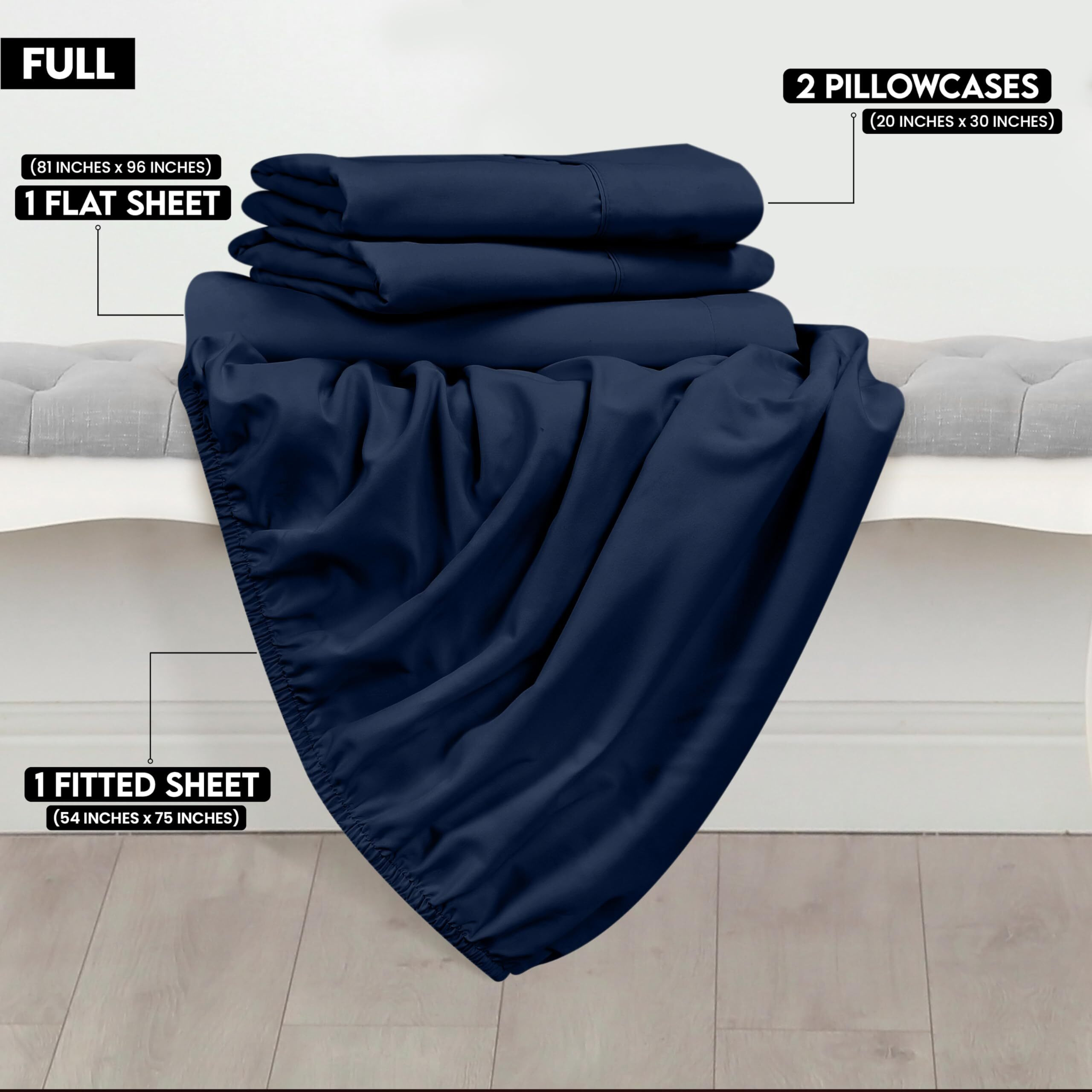 Utopia Bedding Full Sheet Set - Brushed Microfiber - Soft Bed Sheets For Full Size Bed - Luxury Bedding Sheets With Fitted Sheet, Flat Sheet & 2 Pillow Cases - Deep Pocket (Navy)