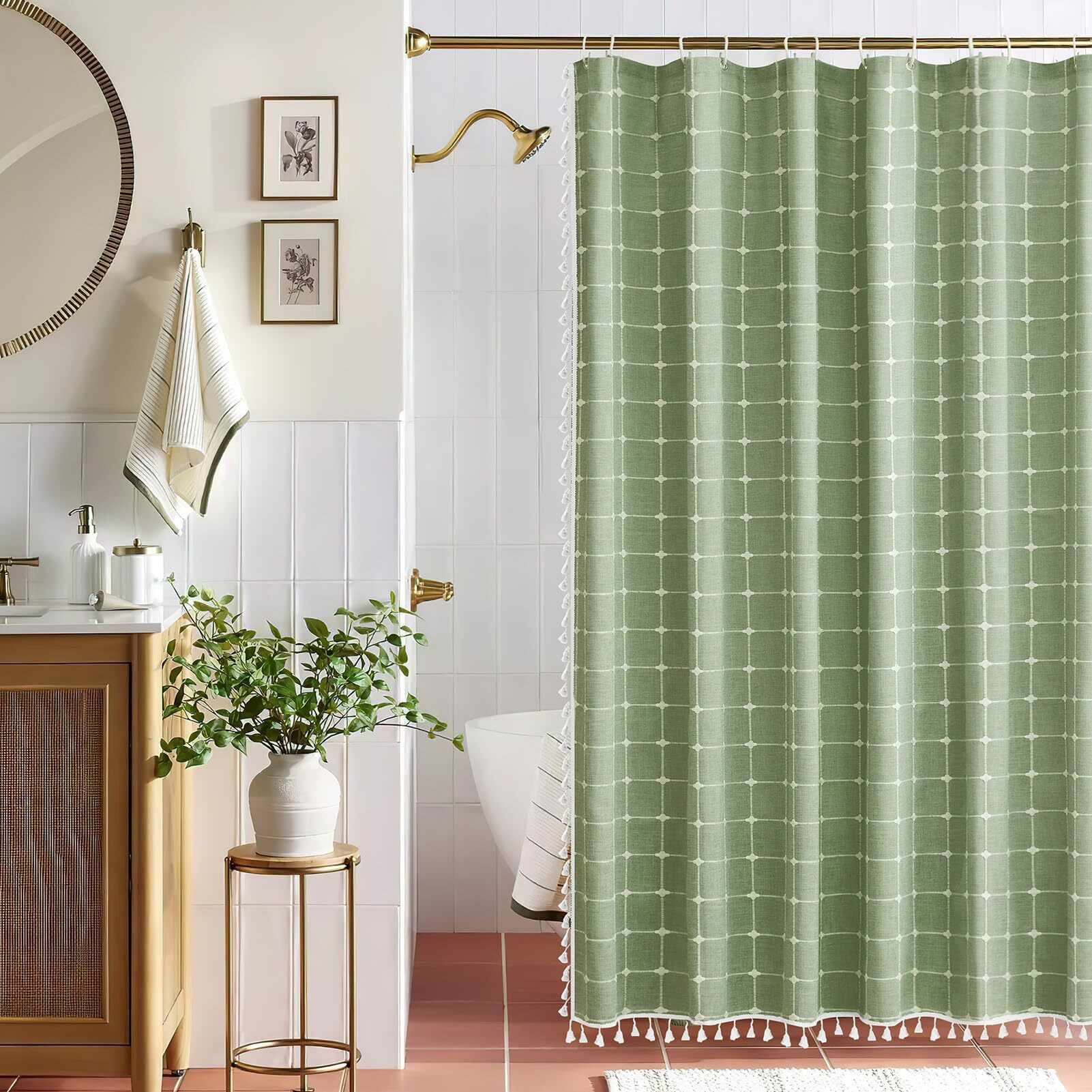 Extra Long Shower Curtain 84 Inches Long, Boho Linen Textured Weighted Fabric Shower Curtain Set With Tassels , Tall Farmhouse Vintage Natural Cloth Shower Curtains For Bathroom, 72X84, Olive Green