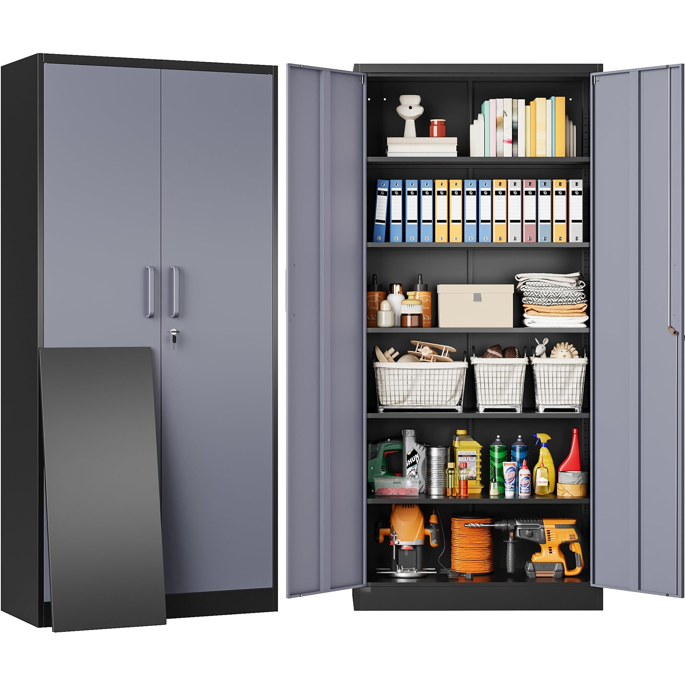 Sisesol Metal Storage Cabinet With 5 Adjustable Shelves,Garage Storage Cabinet With Lock,Metal Cabinets With Locking Doors,71 "" Lockable Tool Cabinets For Home,Office,Shop,Garage