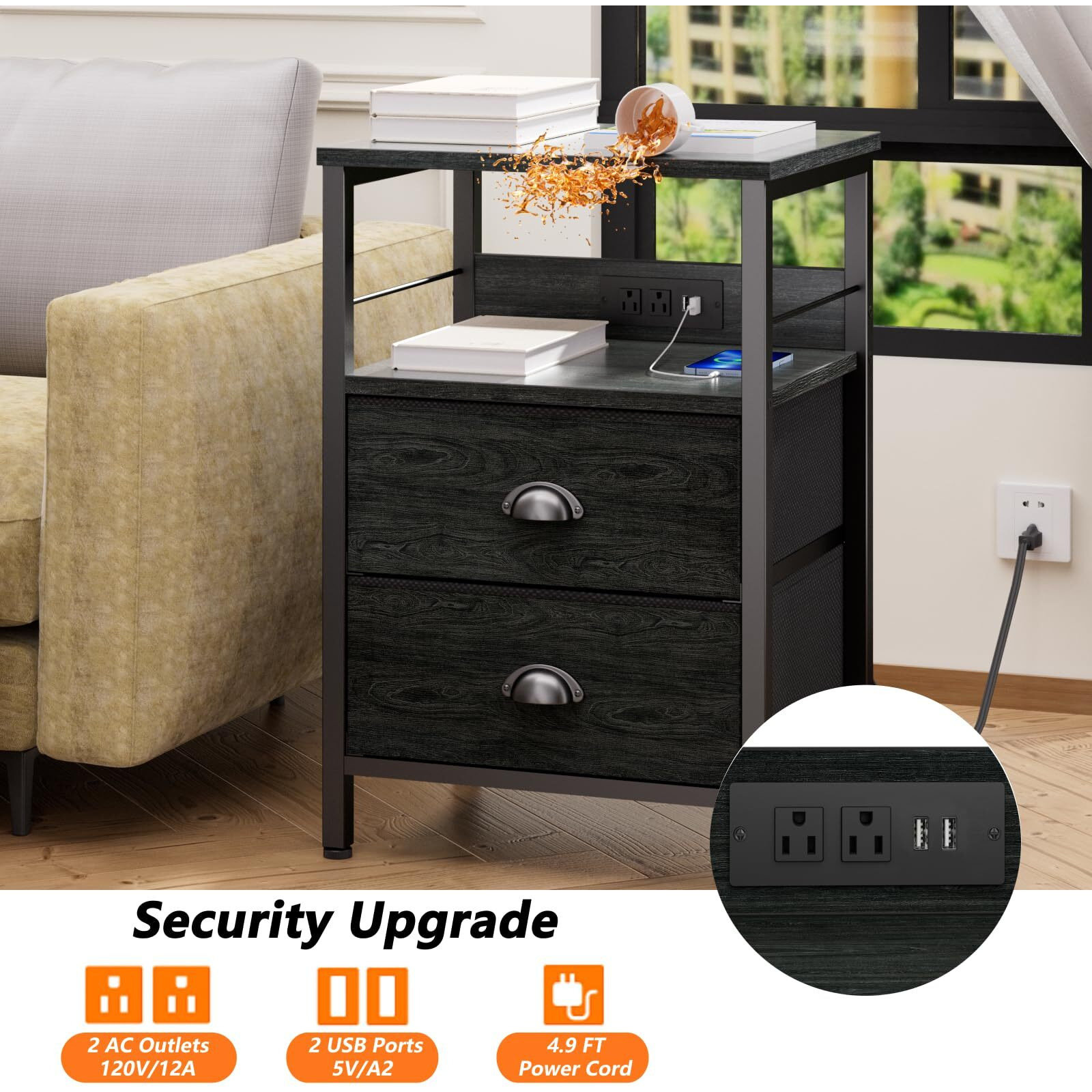 Furologee Nightstand Set Of 2, Black Oak, With Charging Station And Usb Ports, Side Tables With 2 Fabric Drawers, Bedside Tables With Storage Shelf & Hooks, For Living Room/Bedroom