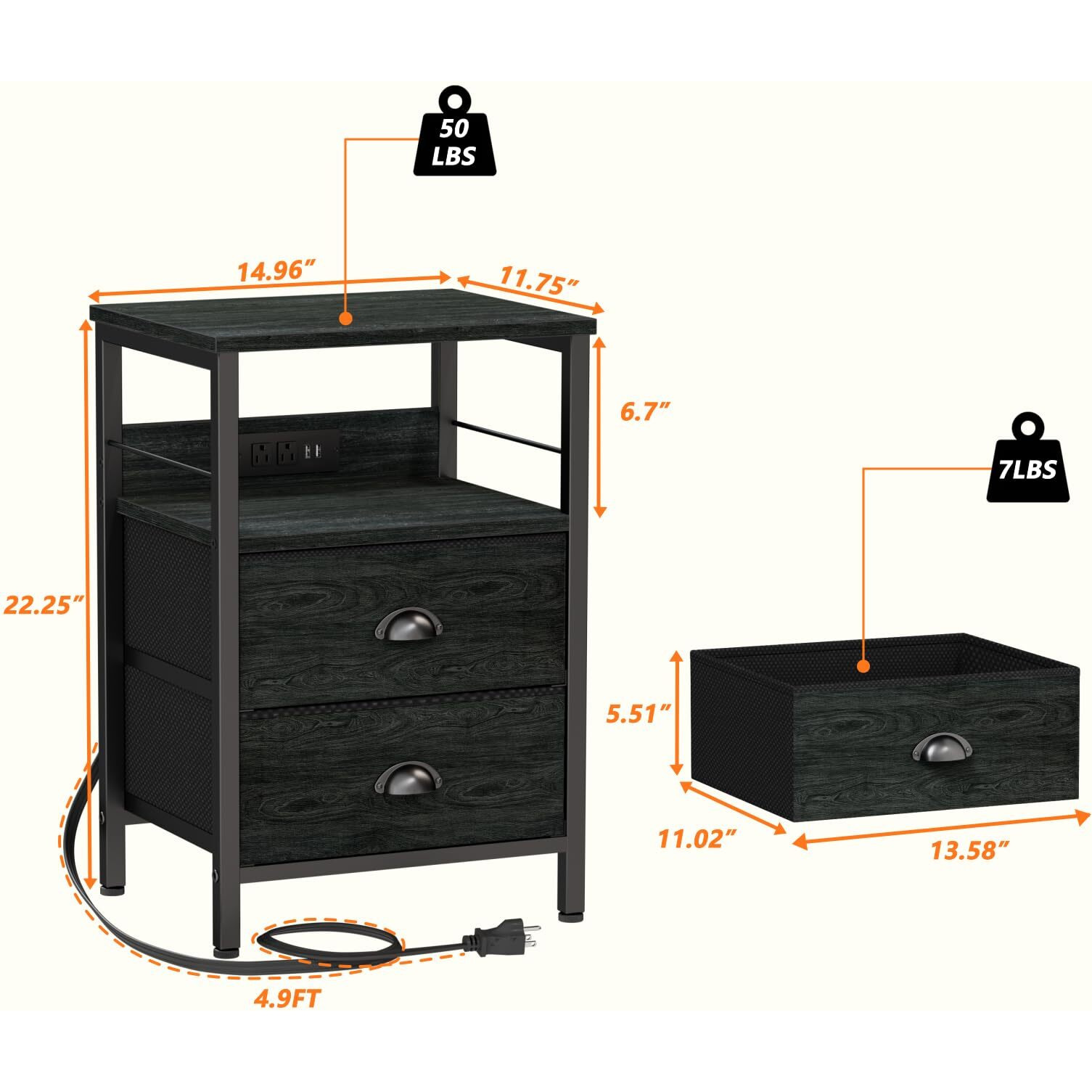 Furologee Nightstand Set Of 2, Black Oak, With Charging Station And Usb Ports, Side Tables With 2 Fabric Drawers, Bedside Tables With Storage Shelf & Hooks, For Living Room/Bedroom