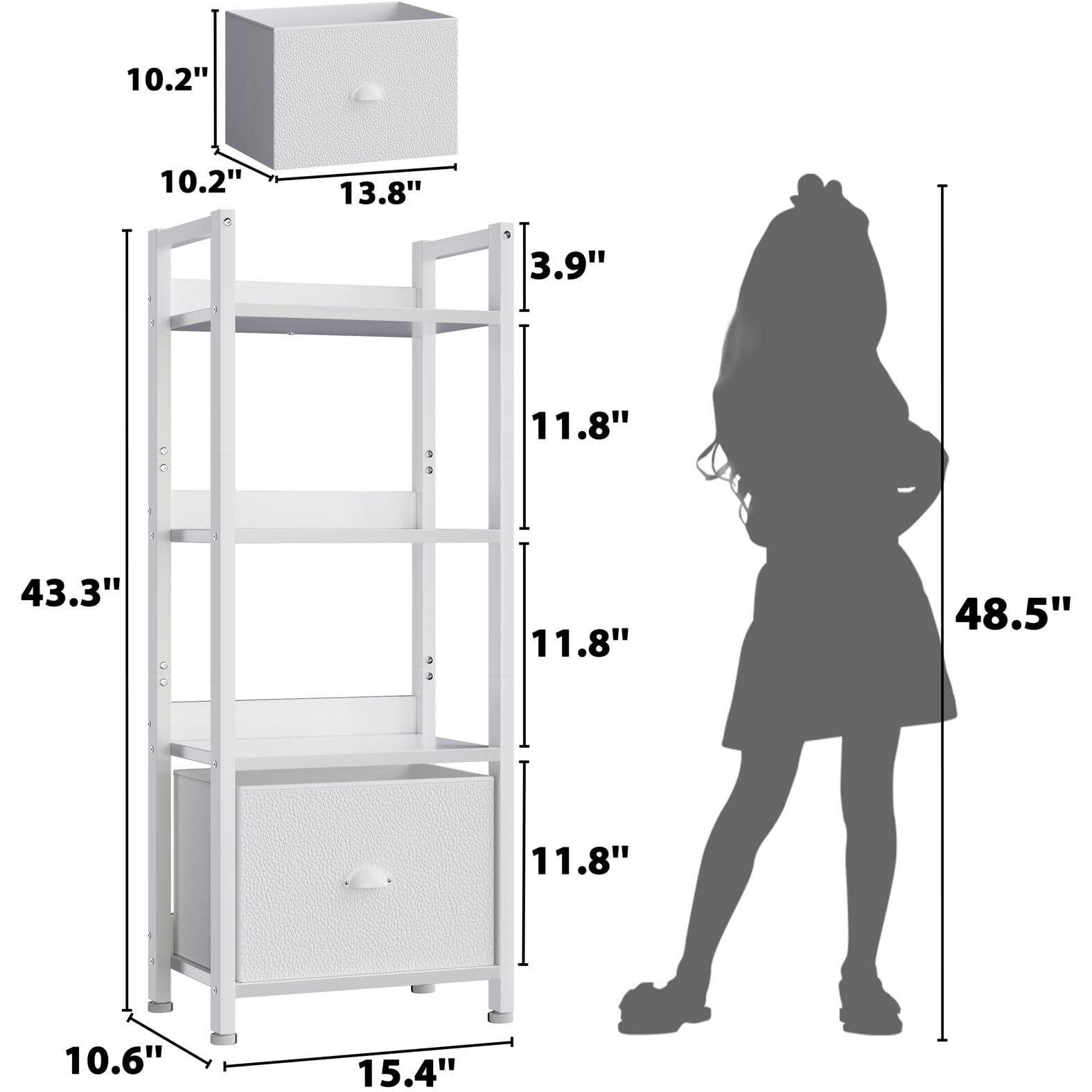 Furologee White 4 Tier Bookshelf With Drawer, Small Narrow Bookcase With Shelves, Modern Free Standing Shelf Unit, Wood And Metal Display Storage Shelves Organizer For Bedroom, Living Room, Entryway