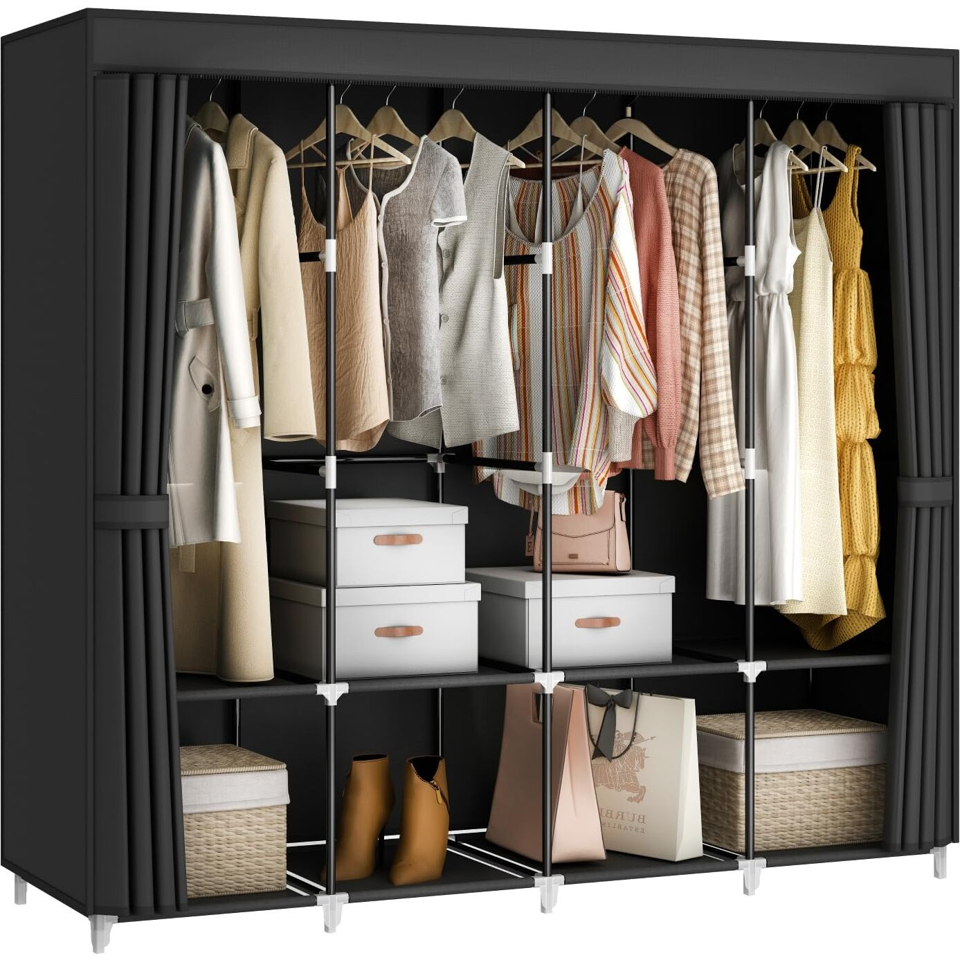 Mogelafoo 67 Inch Large Capacity Portable Closet Wardrobe With Non-Woven Fabric Cover, 4 Hanging Rods, 8 Shelves - Black Clothes Storage Organizer For Hanging Clothes