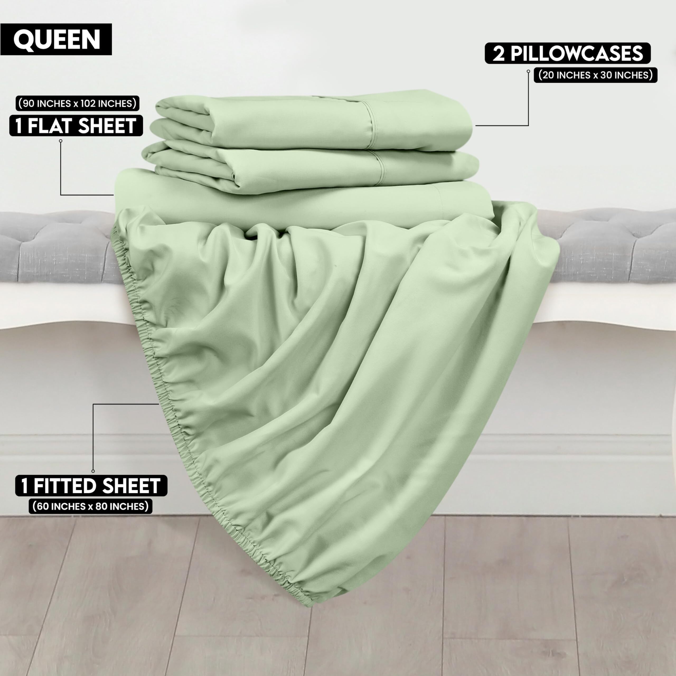 Utopia Bedding Queen Sheet Set - Brushed Microfiber - Soft Bed Sheets For Queen Size Bed Set - Luxury Bedding Sheets With Fitted Sheet, Flat Sheet & 2 Pillow Cases - Deep Pocket (Sage)