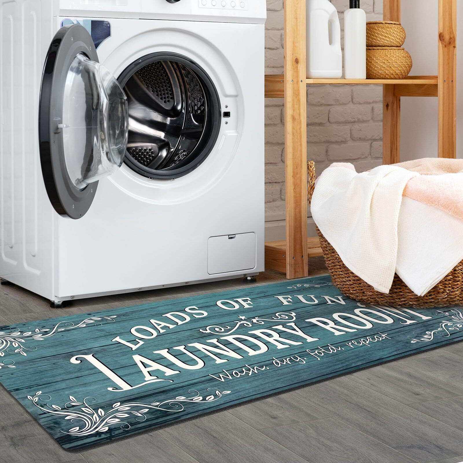 Lansny Small Laundry Room Rug Runner 20"&quotX31.5"" Non Slip Waterproof Laundry Mats For Laundry Room Decor Washable Floor Farmhouse Laundry Rug For Mudroom Washroom Bathroom, Cyan