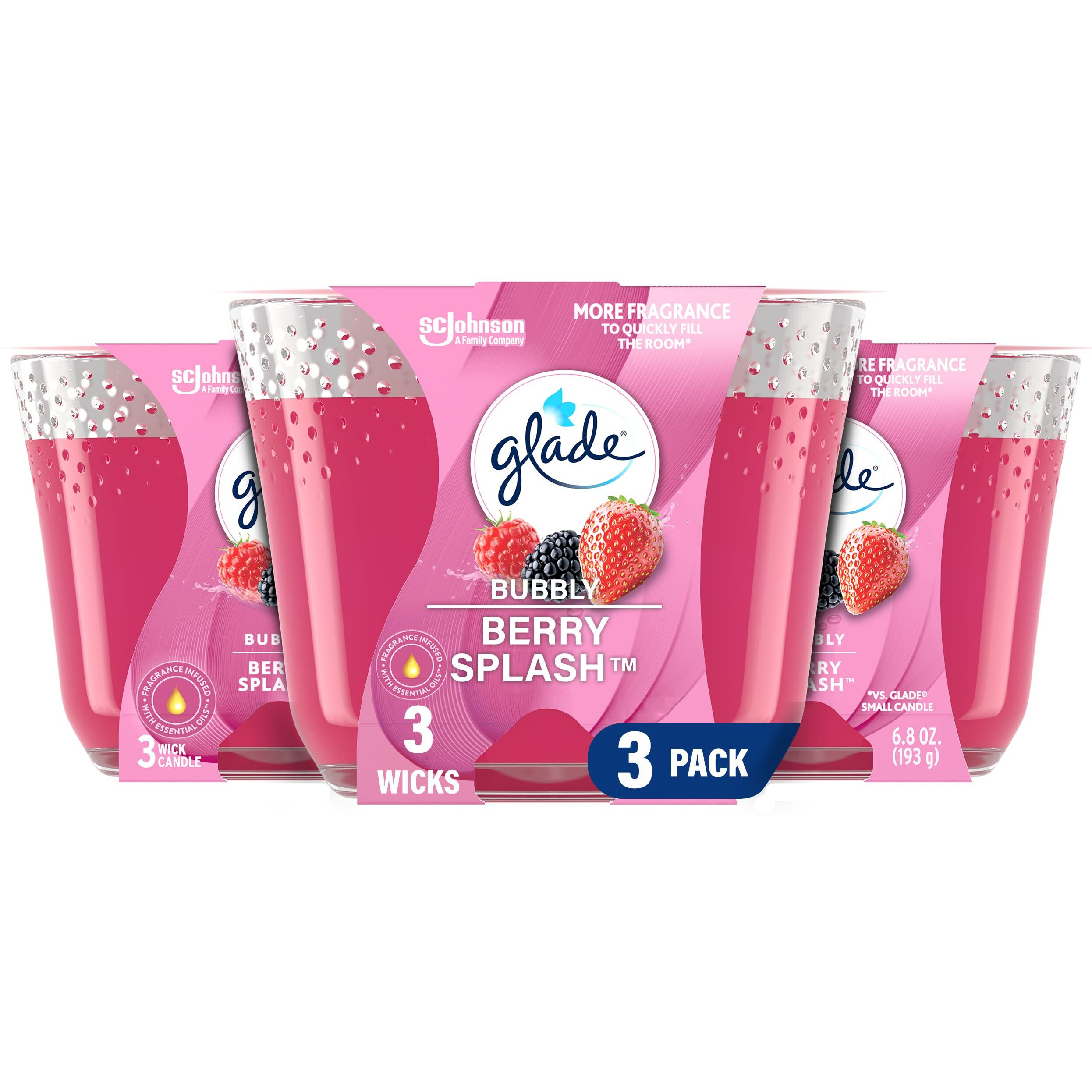 Glade Candle Bubbly Berry Splash, Fragrance Candle Infused With Essential Oils, Air Freshener Candle, 3-Wick Candle, 6.8 Oz, 3 Count